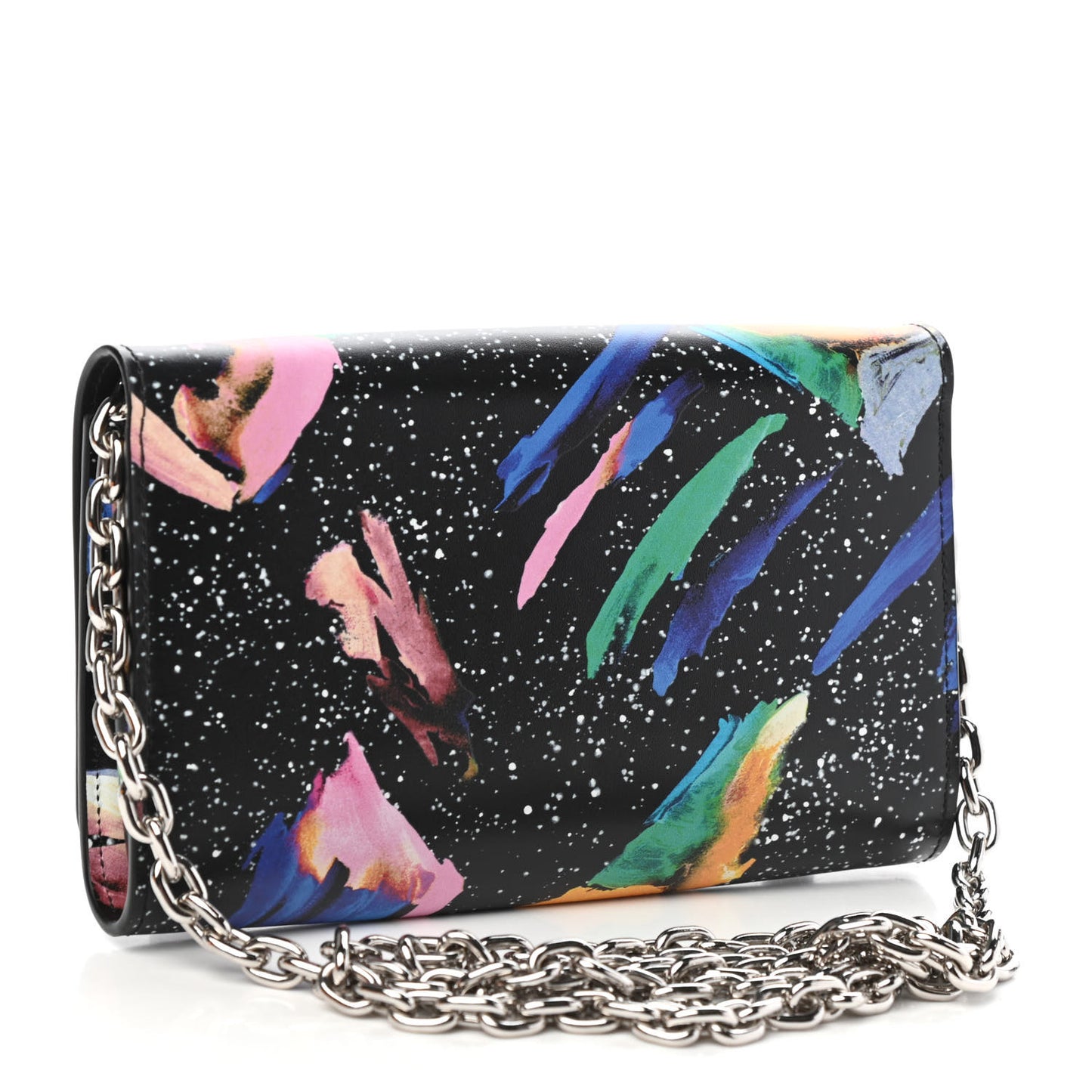 Calfskin Splash Print Twist Chain Wallet Black