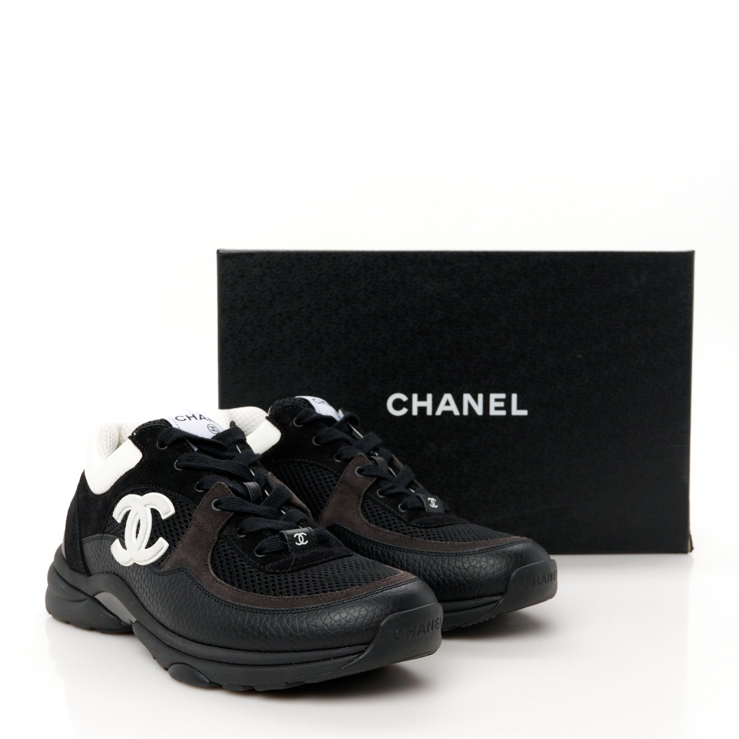 Mesh Suede Grained Calfskin Womens CC Sneakers 40 Black White