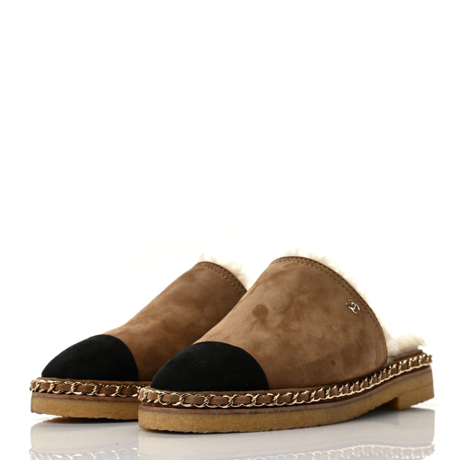 Chanel Kid Suede Shearling CC Chain Mules 36.5 Light Brown Black 3 of 7