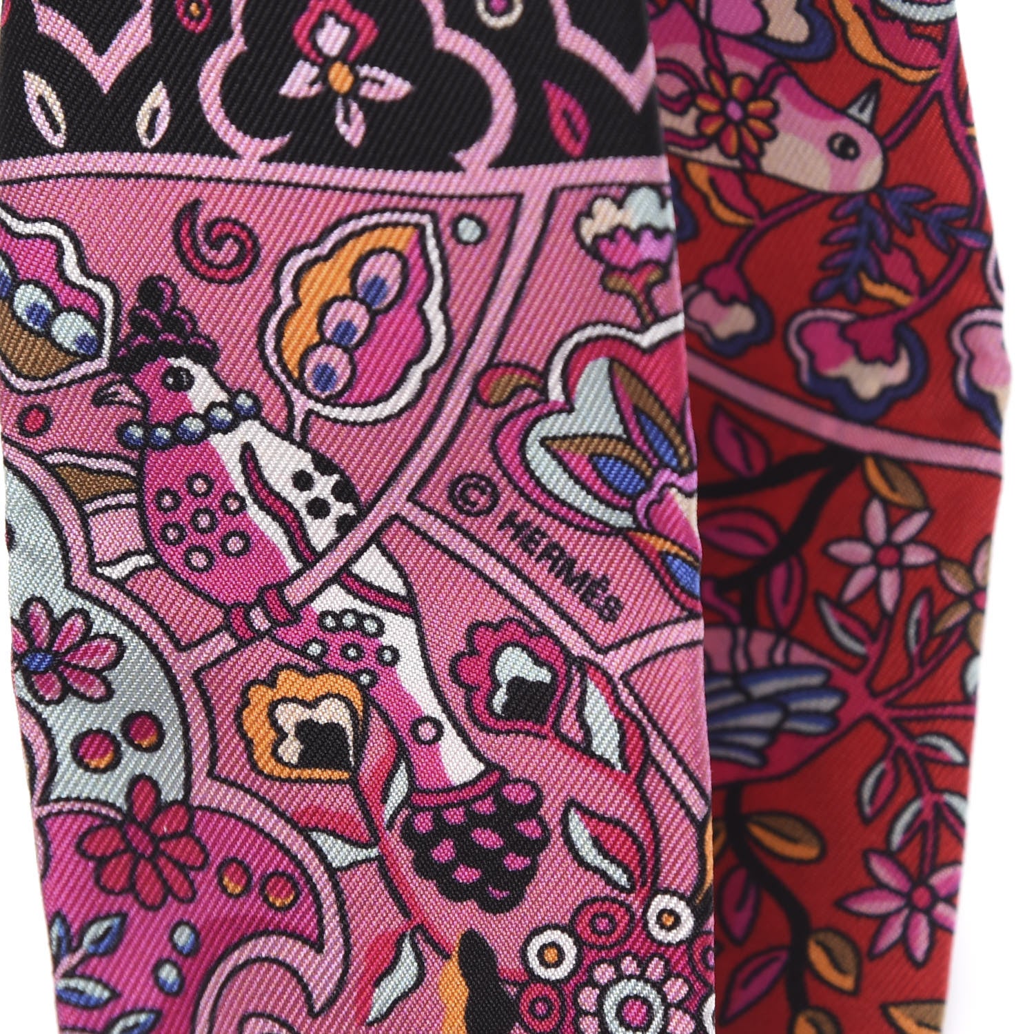 Hermes Silk Au Pays Des Oiseaux Fleurs Twilly Rose Vif Rouge Vert 2 of 3