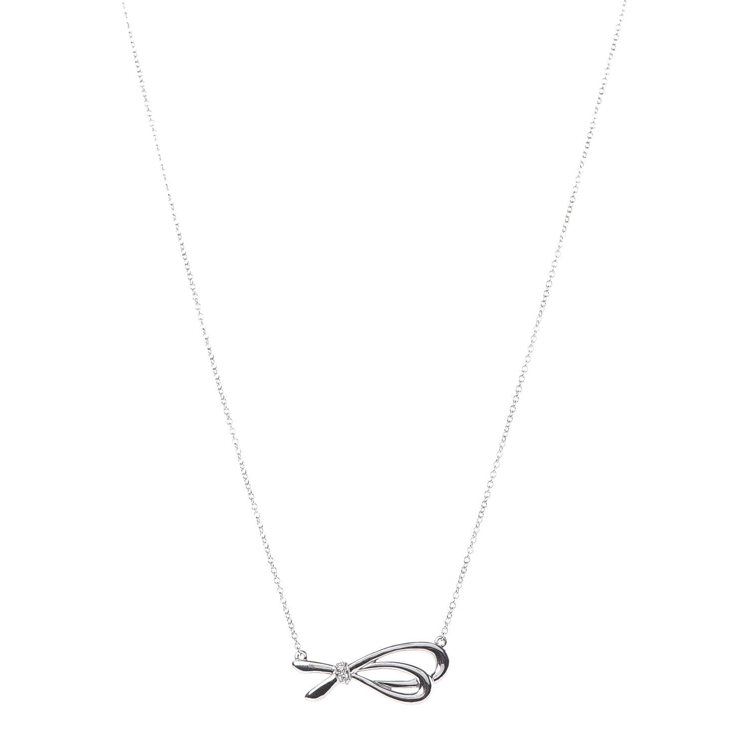 Tiffany 18K White Gold Mini Diamond Bow Pendant Necklace 1 of 7