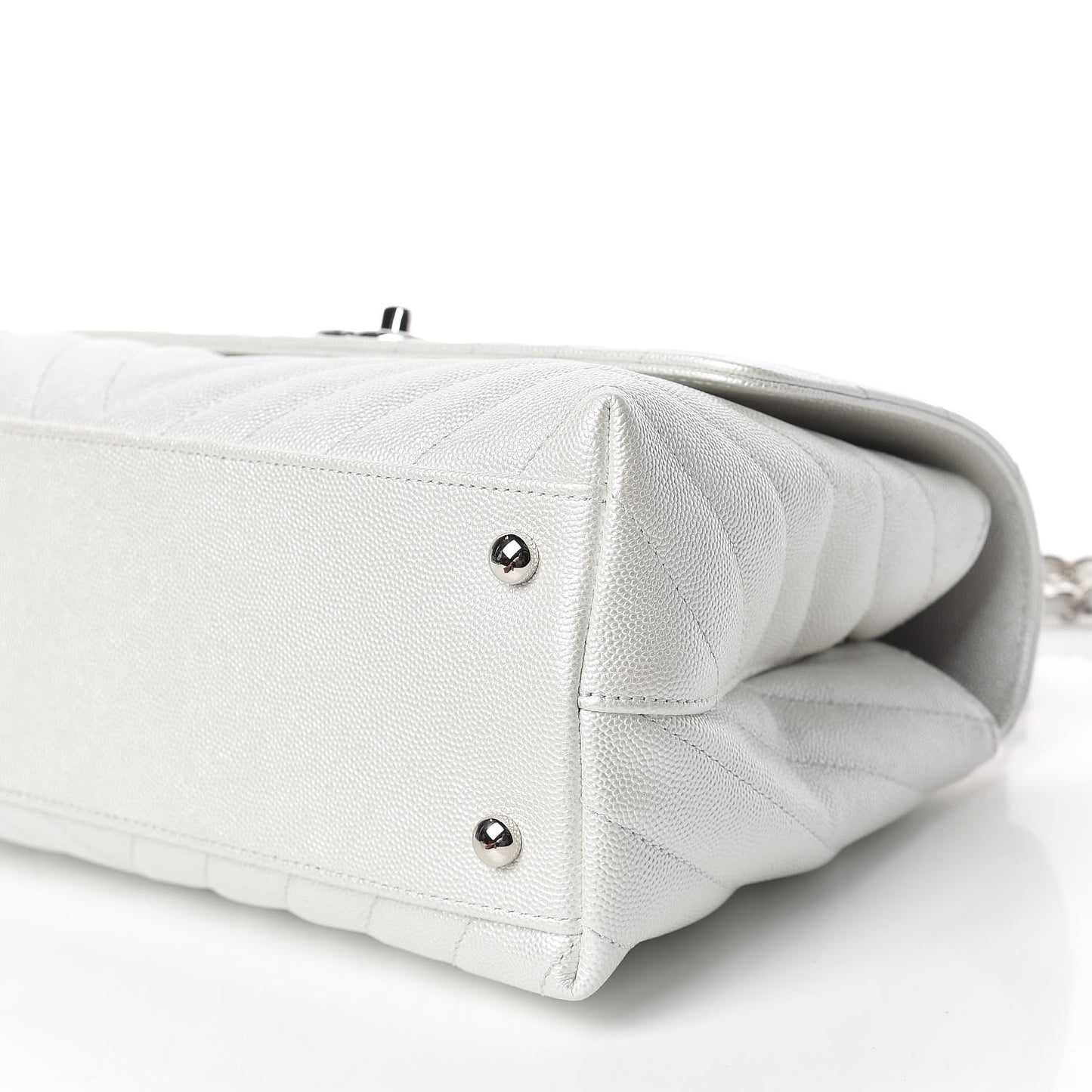 Iridescent Caviar Chevron Quilted Small Coco Handle Flap White