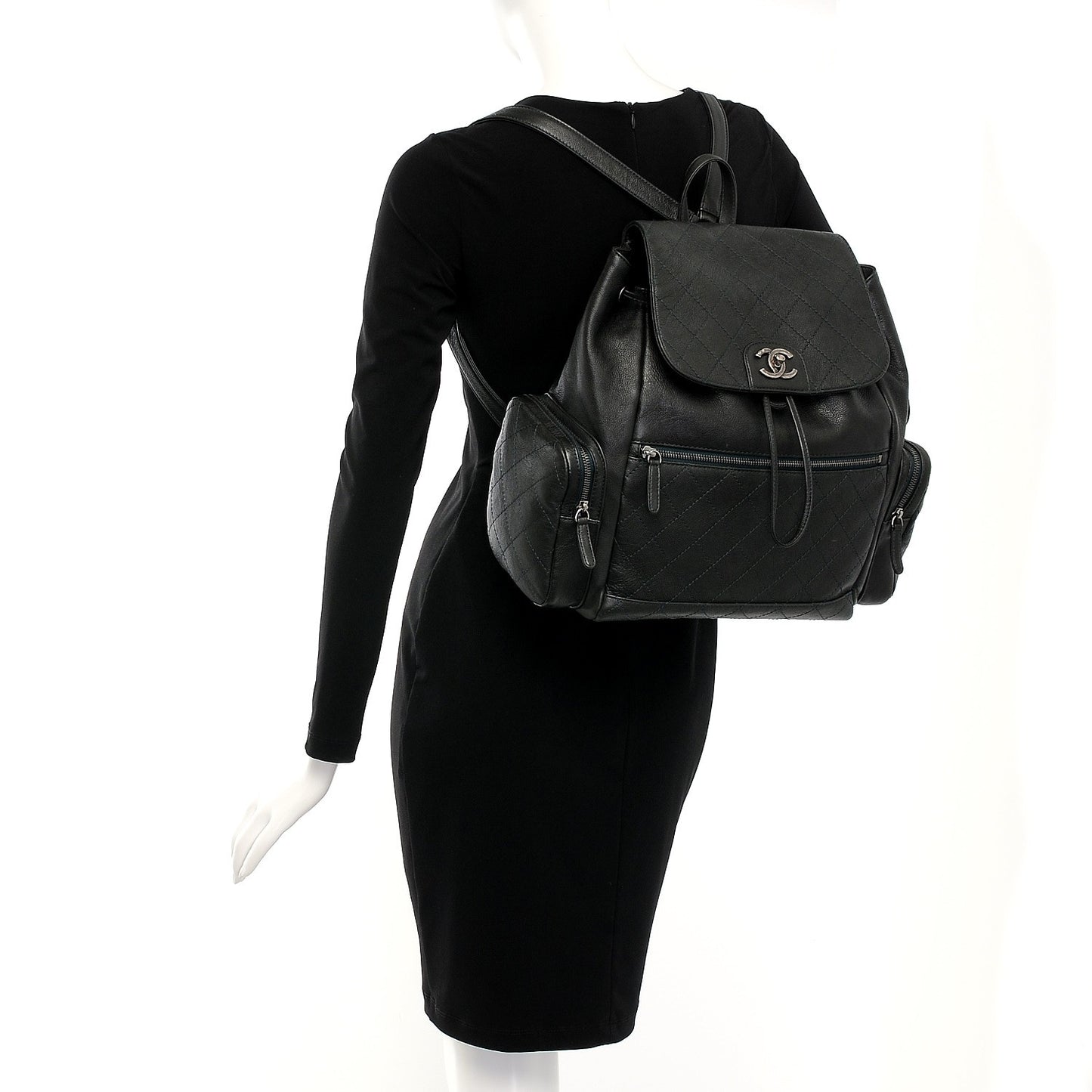 Grained Calfskin Stitched Pocket Backpack Dark Green