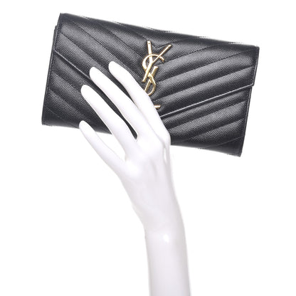 Saint Laurent Grain De Poudre Matelasse Chevron Monogram Flap Wallet Black 2 of 9