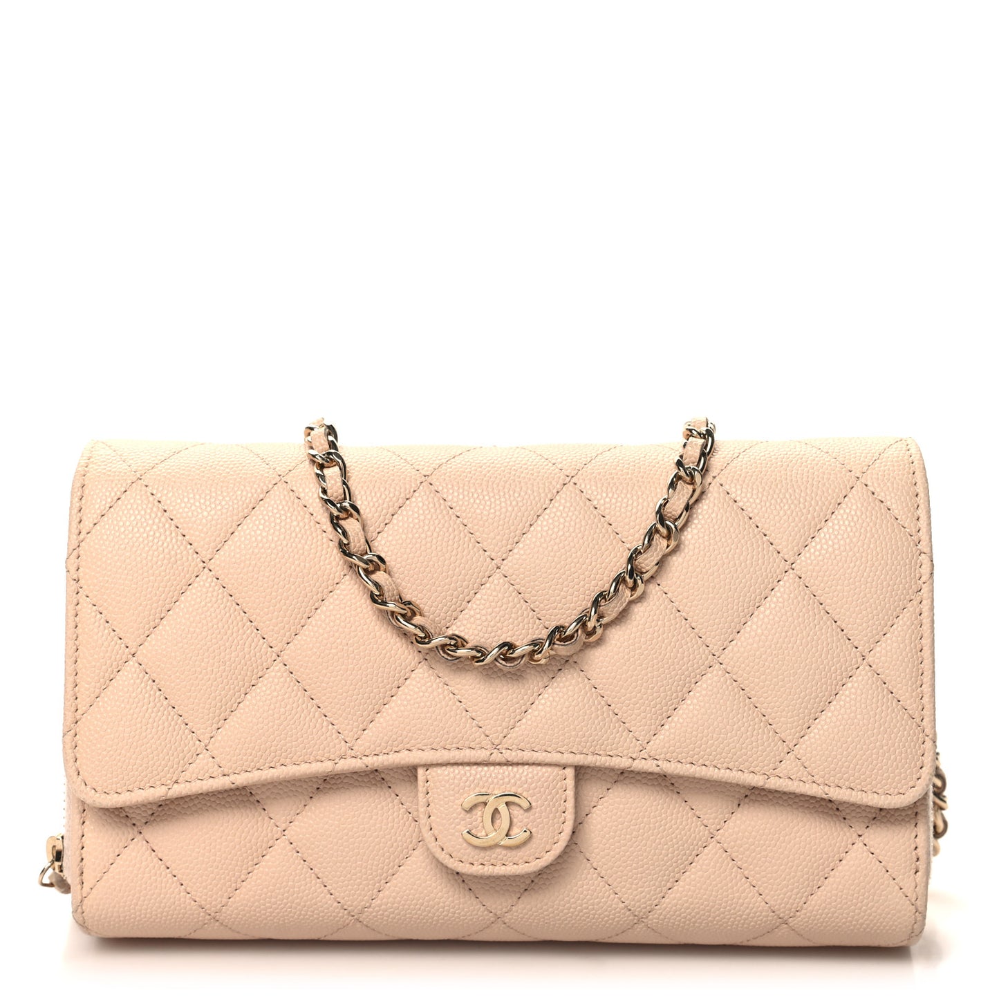 Caviar Quilted Phone Holder Wallet on Removable Chain Light Beige
