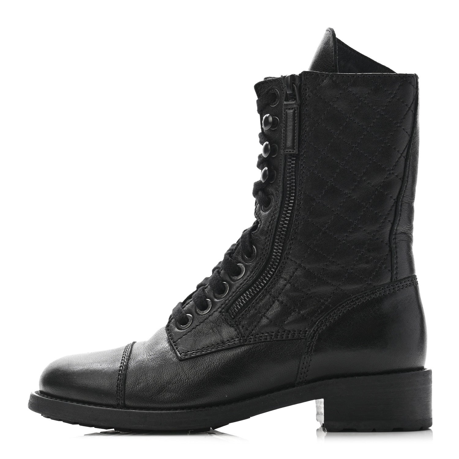 Chanel Sheepskin Quilted CC Tall Lace Up Combat Boots 37 Black 1 of 13