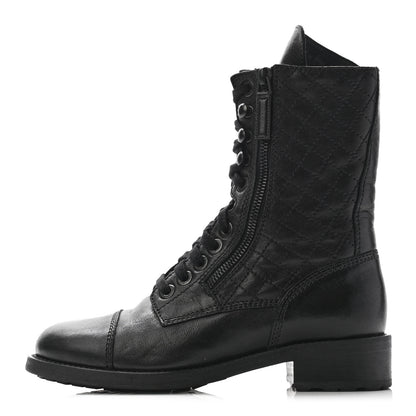Chanel Sheepskin Quilted CC Tall Lace Up Combat Boots 37 Black 1 of 13