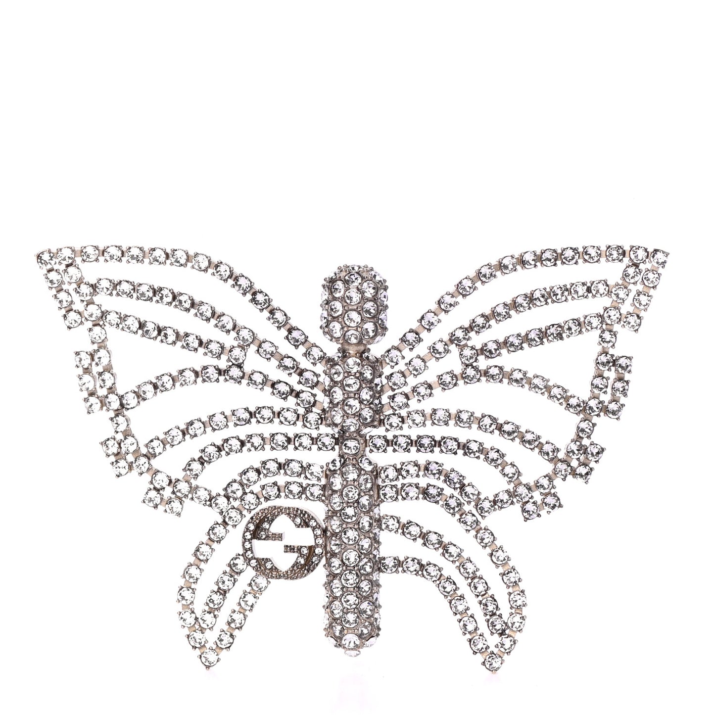Crystal Interlocking GG Butterfly Brooch Silver