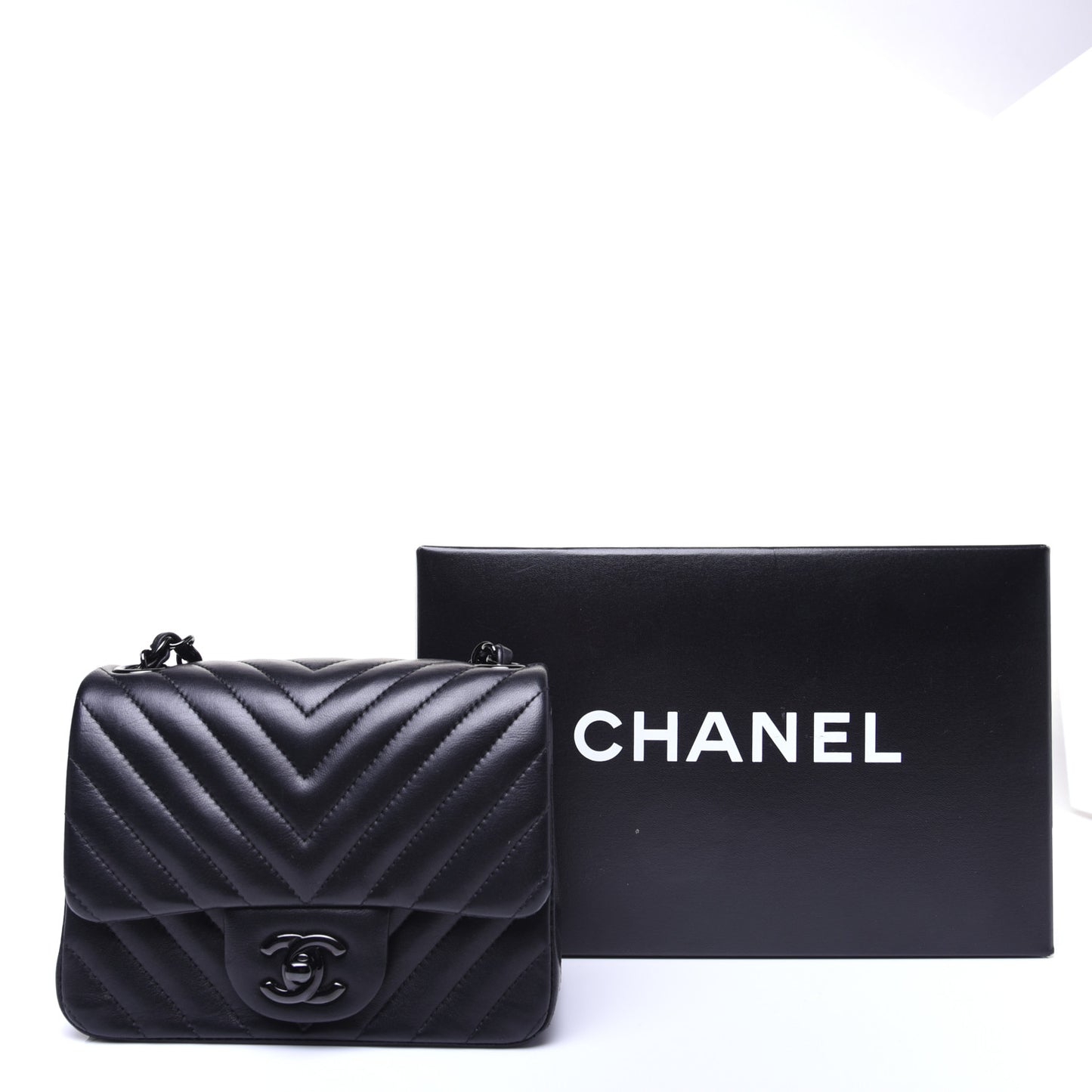 Lambskin Chevron Quilted Mini Square Flap So Black