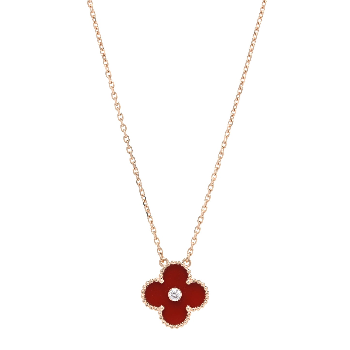 18K Rose Gold Diamond Carnelian Vintage Alhambra Pendant Necklace