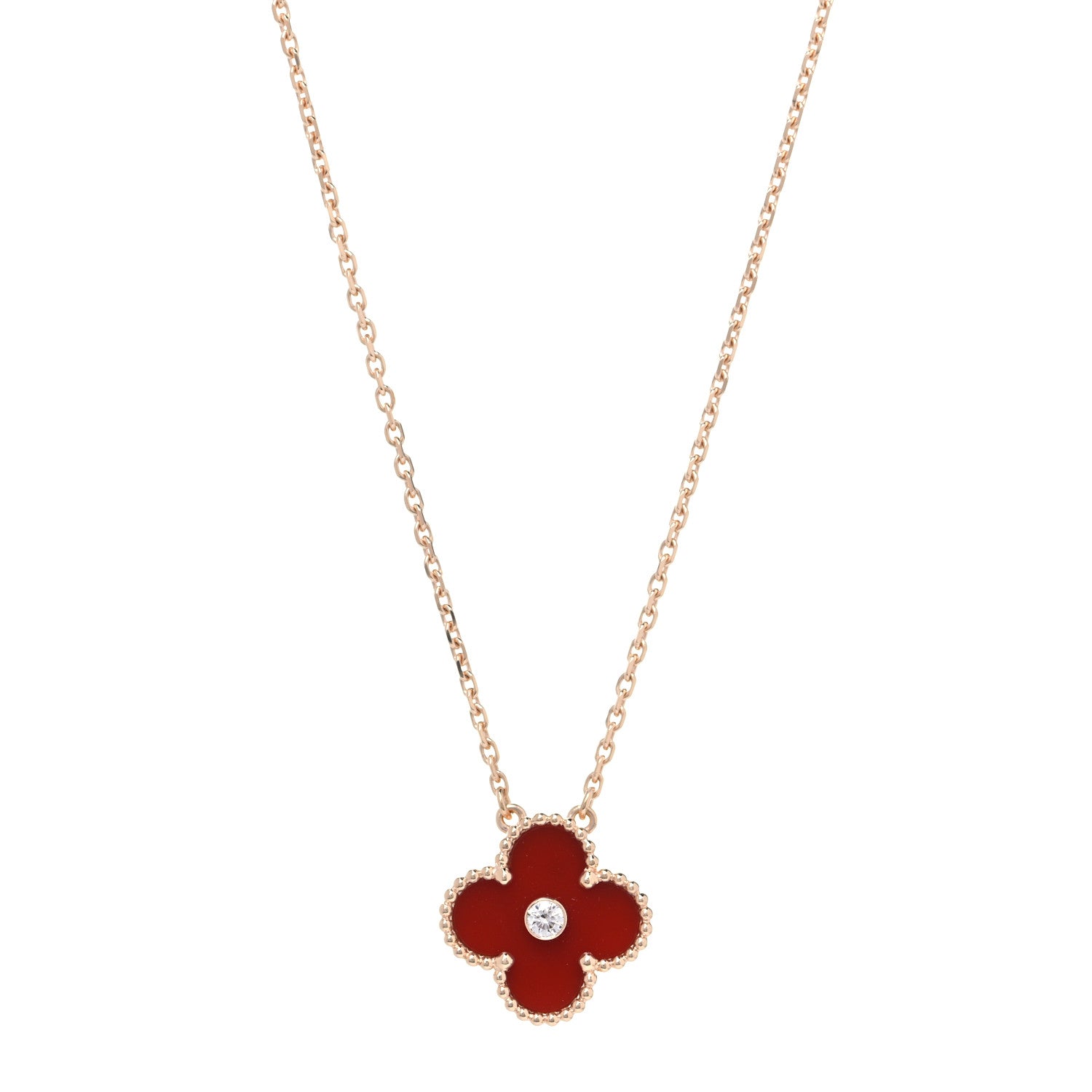 Van Cleef & Arpels 18K Rose Gold Diamond Carnelian Vintage Alhambra Pendant Necklace 1 of 7