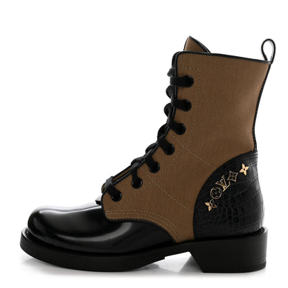Louis Vuitton Canvas Calfskin Crocodile Embossed Metropolis Flat Ranger Boots 37 Kaki 1 of 9