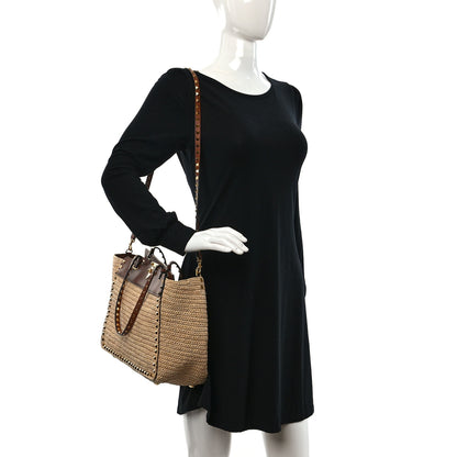 Valentino Garavani Raffia Calfskin Rockstud Tote Naturale Saddle Brown 2 of 8