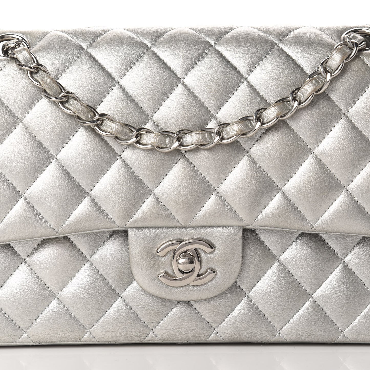 Metallic Lambskin Quilted Medium Double Flap Dark Grey