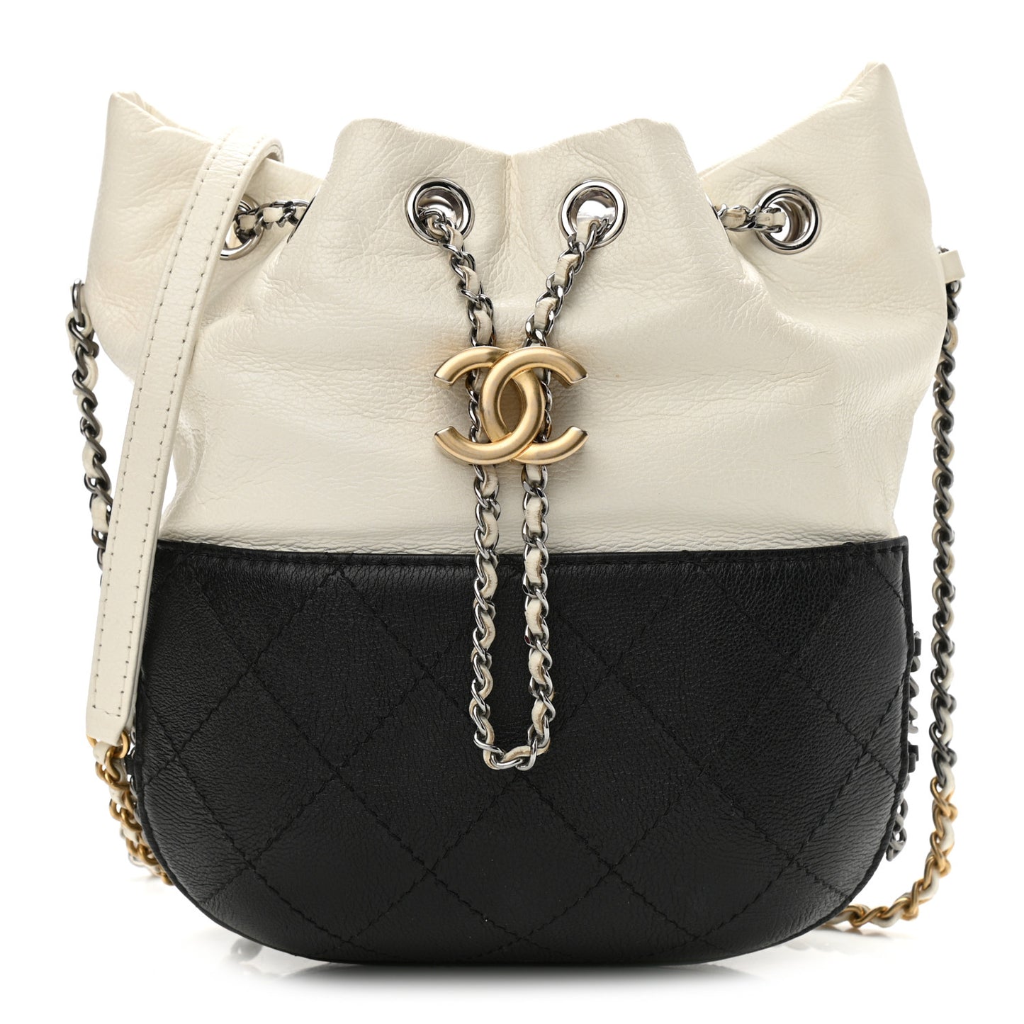 Aged Calfskin Quilted Small Gabrielle Bucket White Black