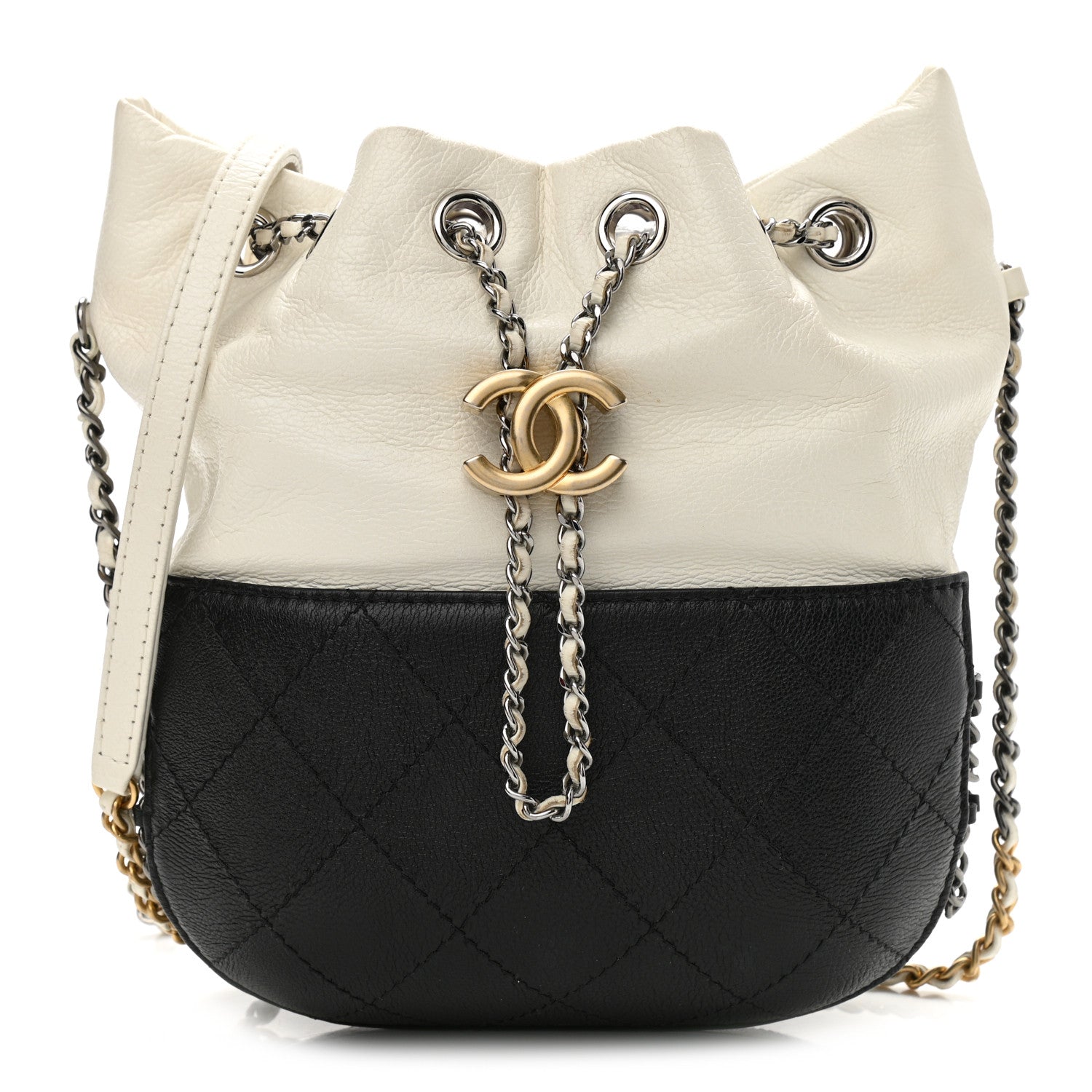 Chanel Aged Calfskin Quilted Small Gabrielle Bucket White Black 1 of 13