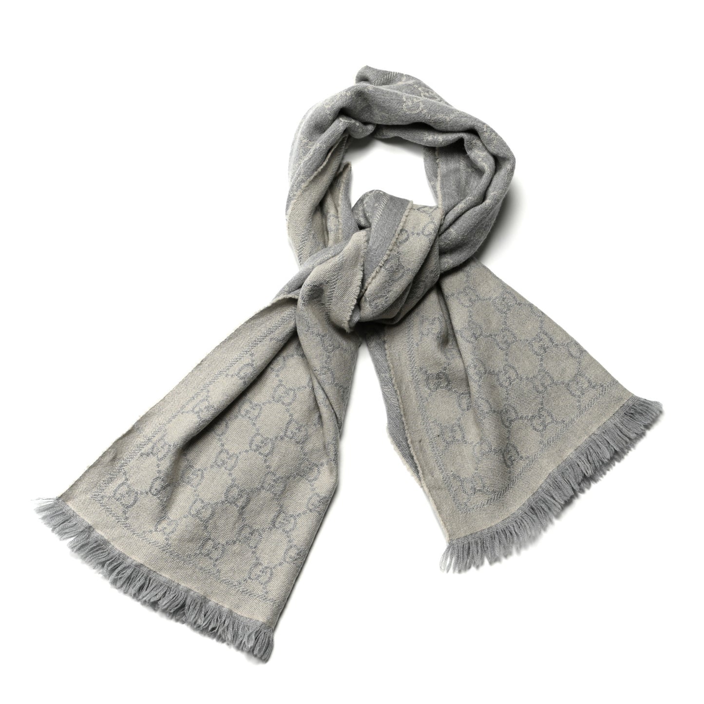 Wool Jacquard GG Monogram Sten Fringe Scarf Zinc Light Grey