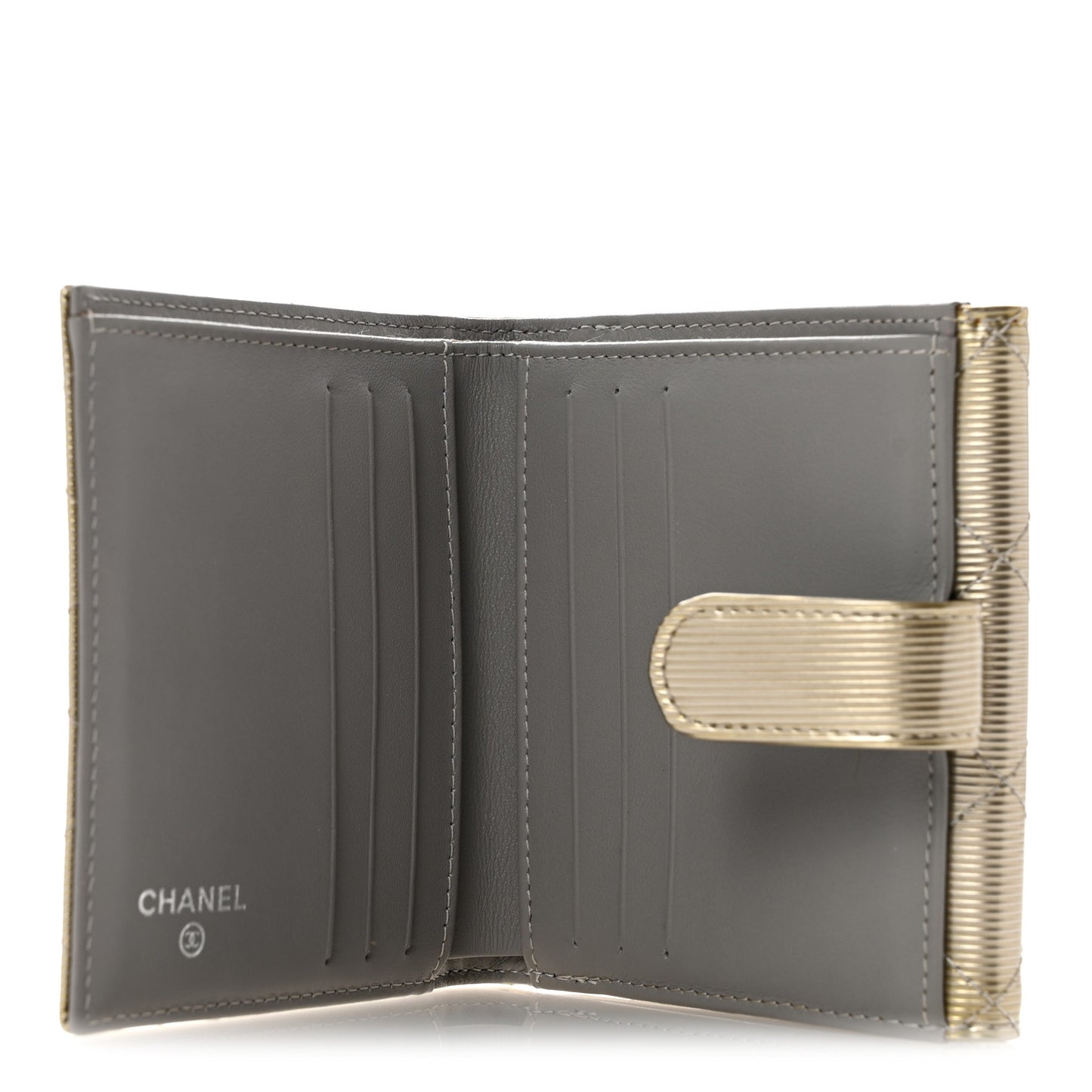 Striated Patent Quilted Compact French Flap Wallet Beige Beige