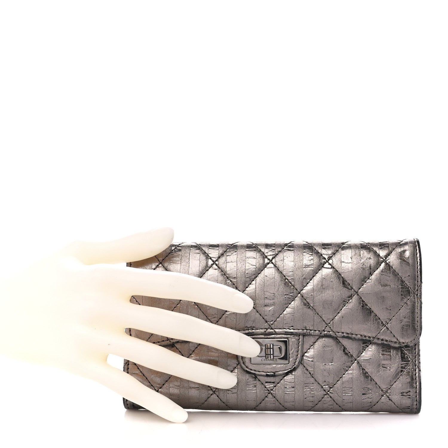 Chanel Metallic Calfskin Striped Quilted Reissue Flap Wallet Dark Silver 2 of 13