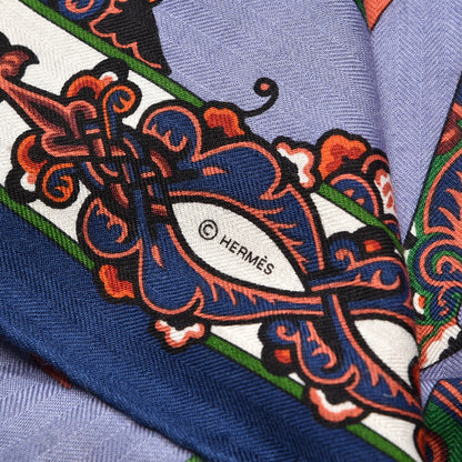 Hermes Cashmere Silk Lettres D'Erevan Shawl 140 Bleu Corail Vert 5 of 6