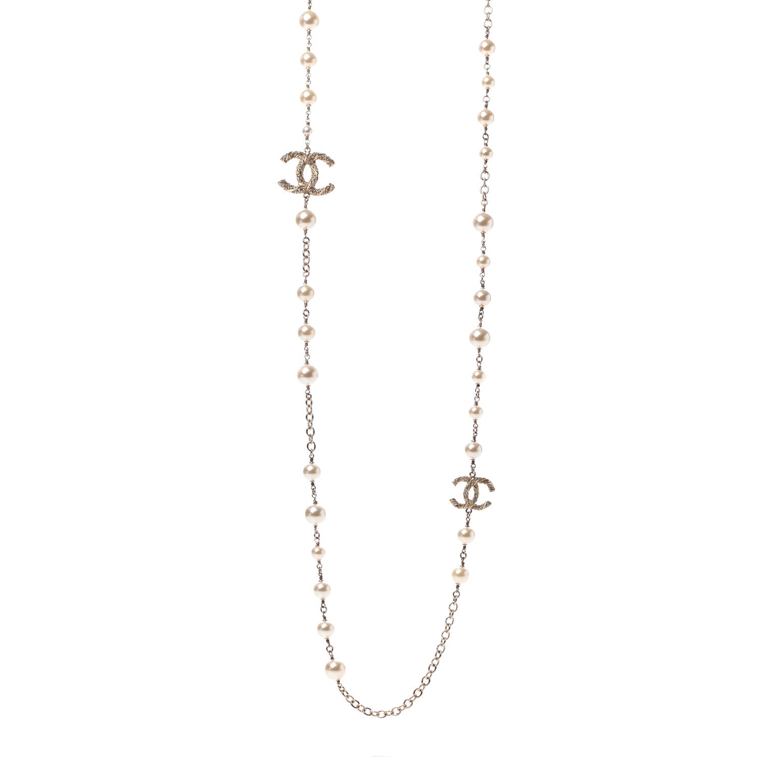 Chanel Graduated Pearl Crystal Twisted CC Long Necklace Gold 1 of 5