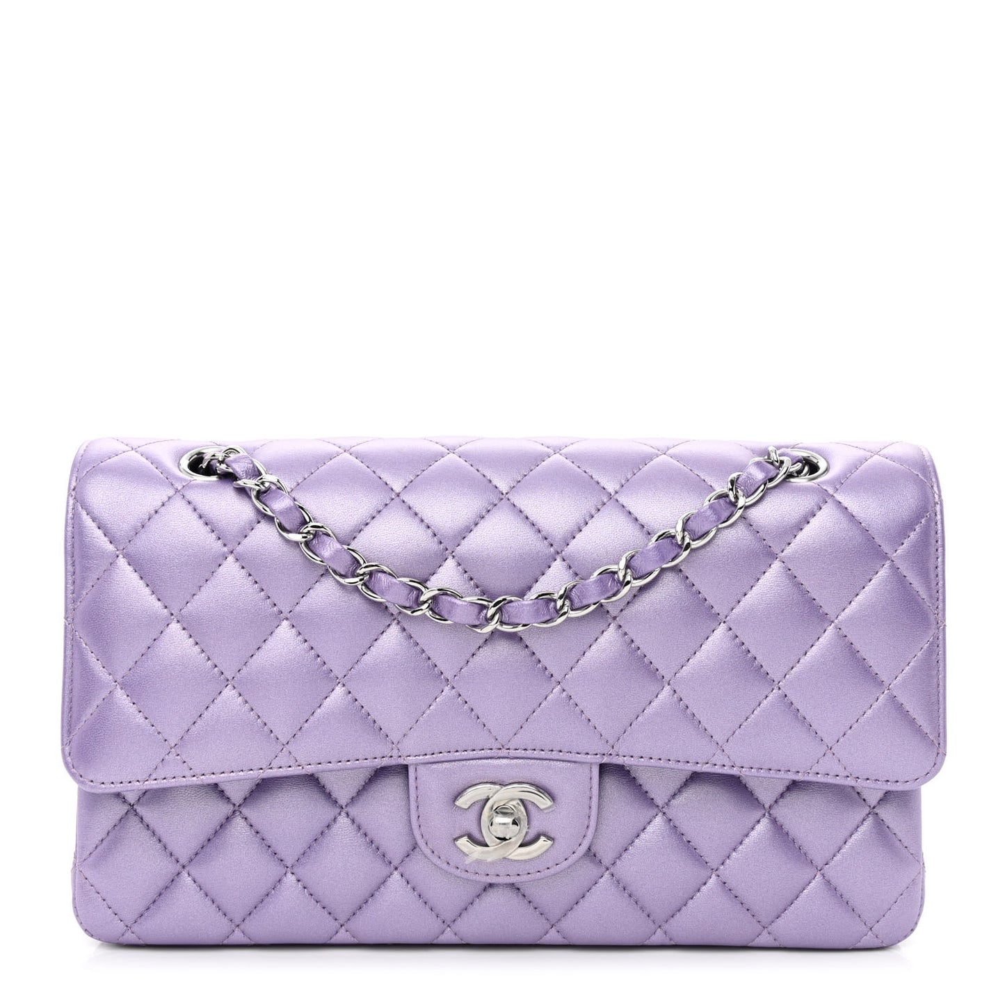 Iridescent Calfskin Quilted Medium Double Flap Purple