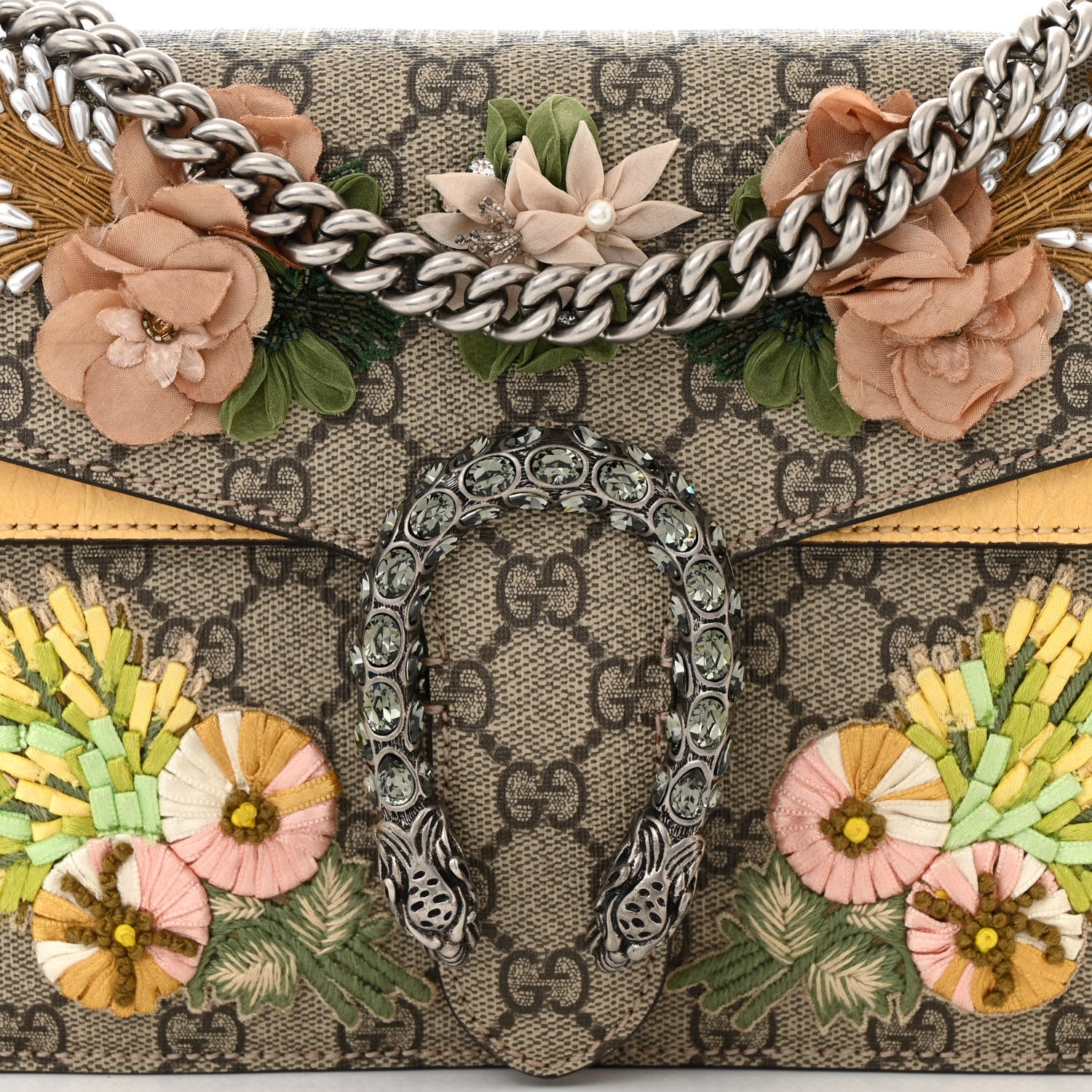 Gucci GG Supreme Monogram Snakeskin Flower Embroidered Medium Dionysus Shoulder Bag Beige Yellow 8 of 10