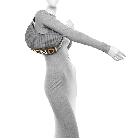 Wool Vitello Grace Small Houndstooth Small Fendigraphy Hobo Bag Grigio Anthracite