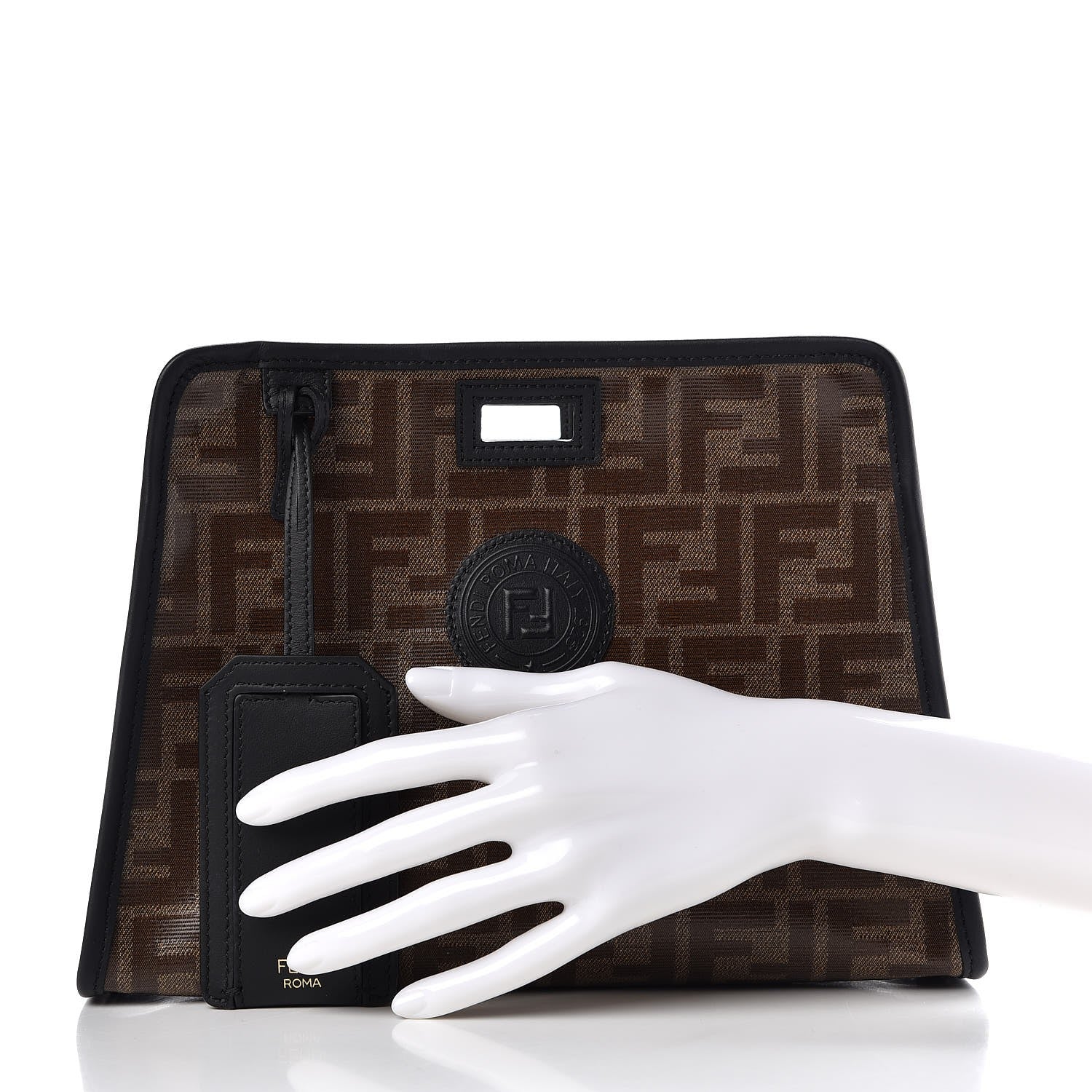 Fendi Glazed Fabric Vitello Century FF 1974 Stamp Patch Mini Peekaboo Defender Cover Mogano Panna Black 2 of 10