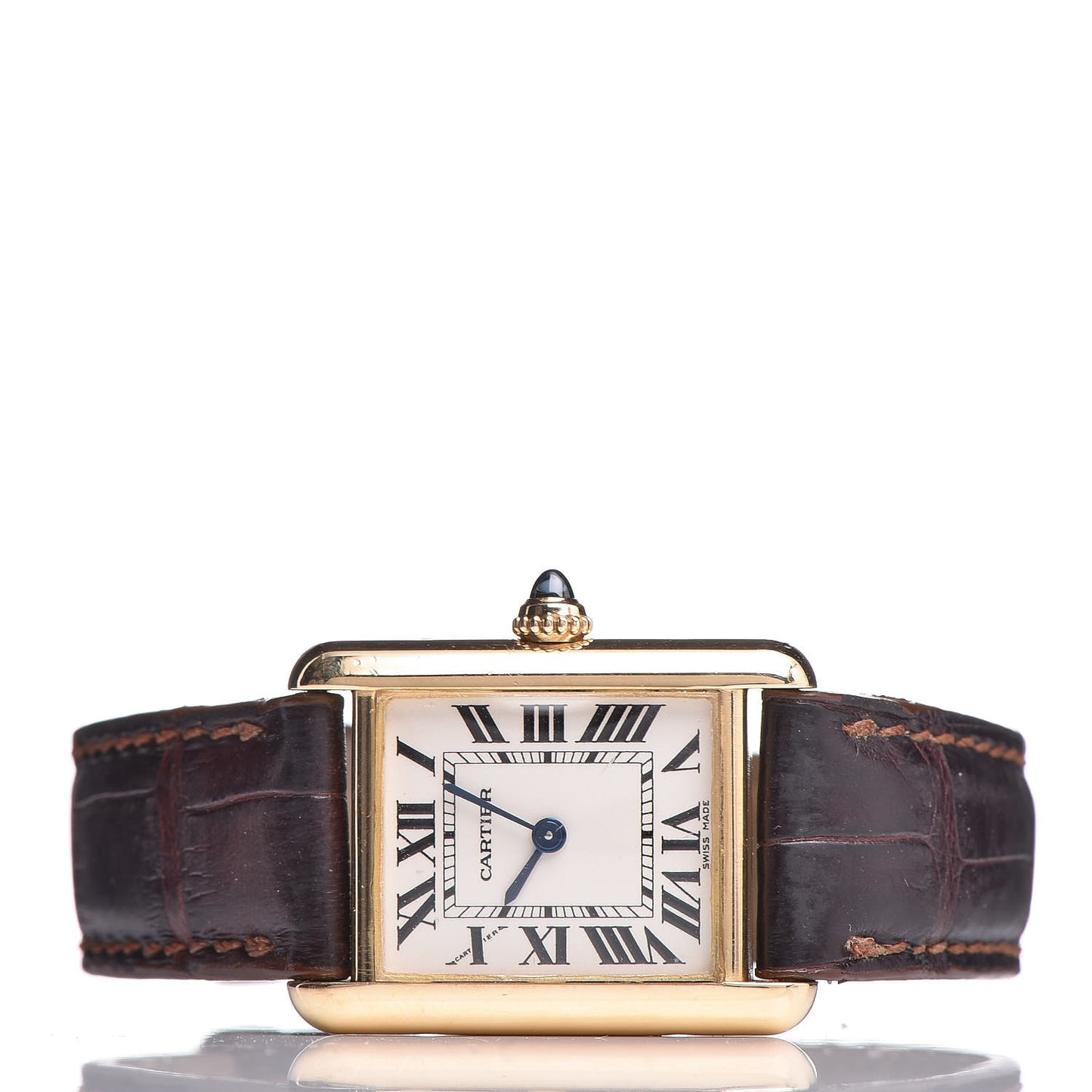 18K Yellow Gold Alligator 22mm Tank Louis Quartz Watch Brown