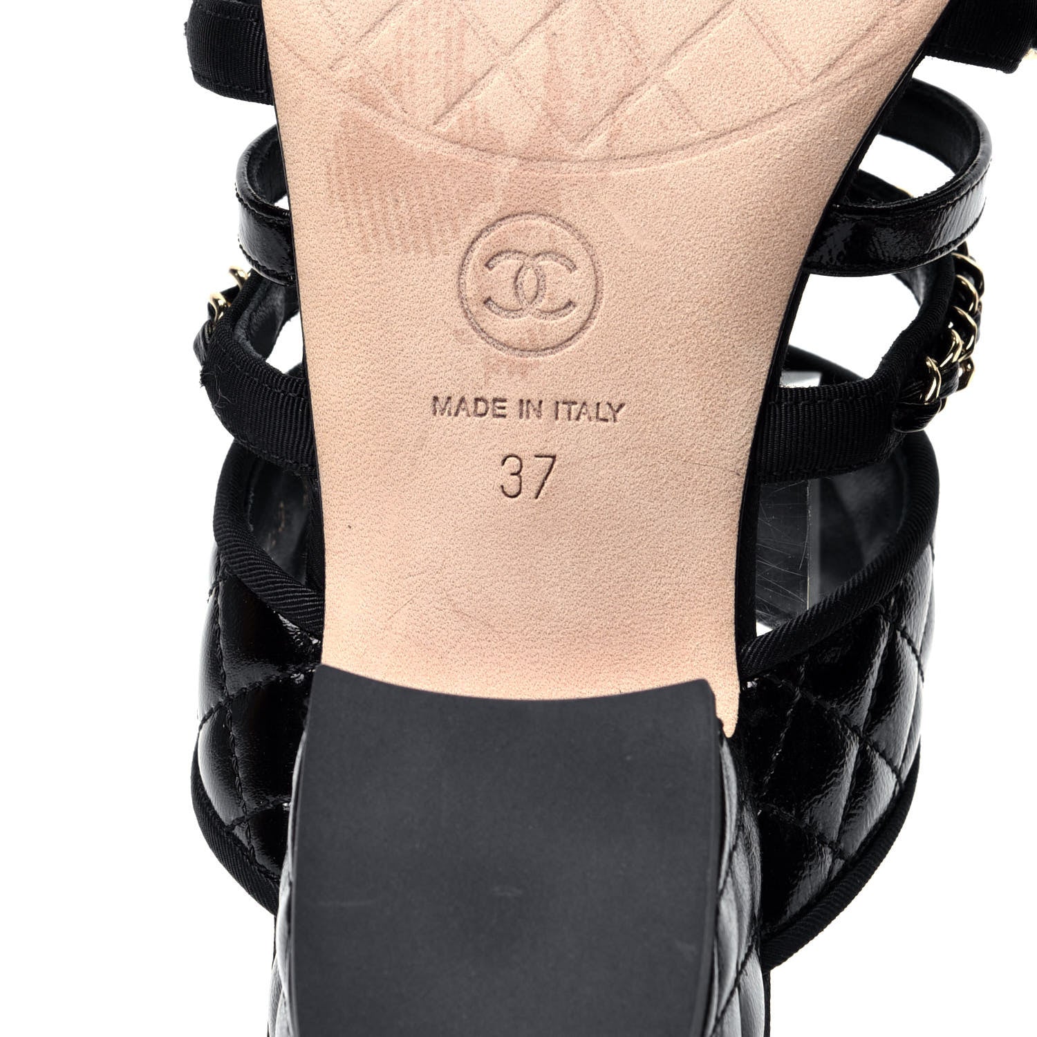 Chanel Distressed Patent Quilted Chain Mule Sandals 37 Black 8 of 11