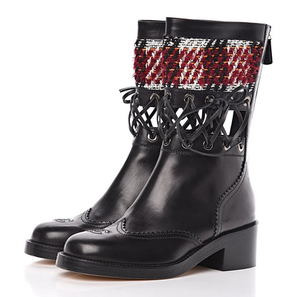 Chanel Tweed Calfskin Lace Up Short Boots 37 Black White Burgundy 3 of 8