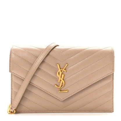 Saint Laurent Grain De Poudre Matelasse Chevron Monogram Envelope Chain Wallet Dark Beige 1 of 9