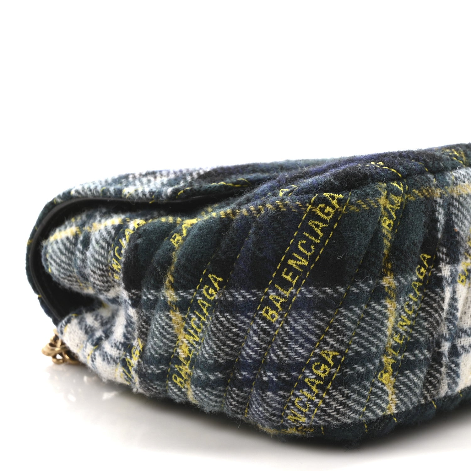 Balenciaga Wool Plaid Diagonal Allover Logo Matelasse M BB Round Shoulder Bag Green Blue Yellow 8 of 9