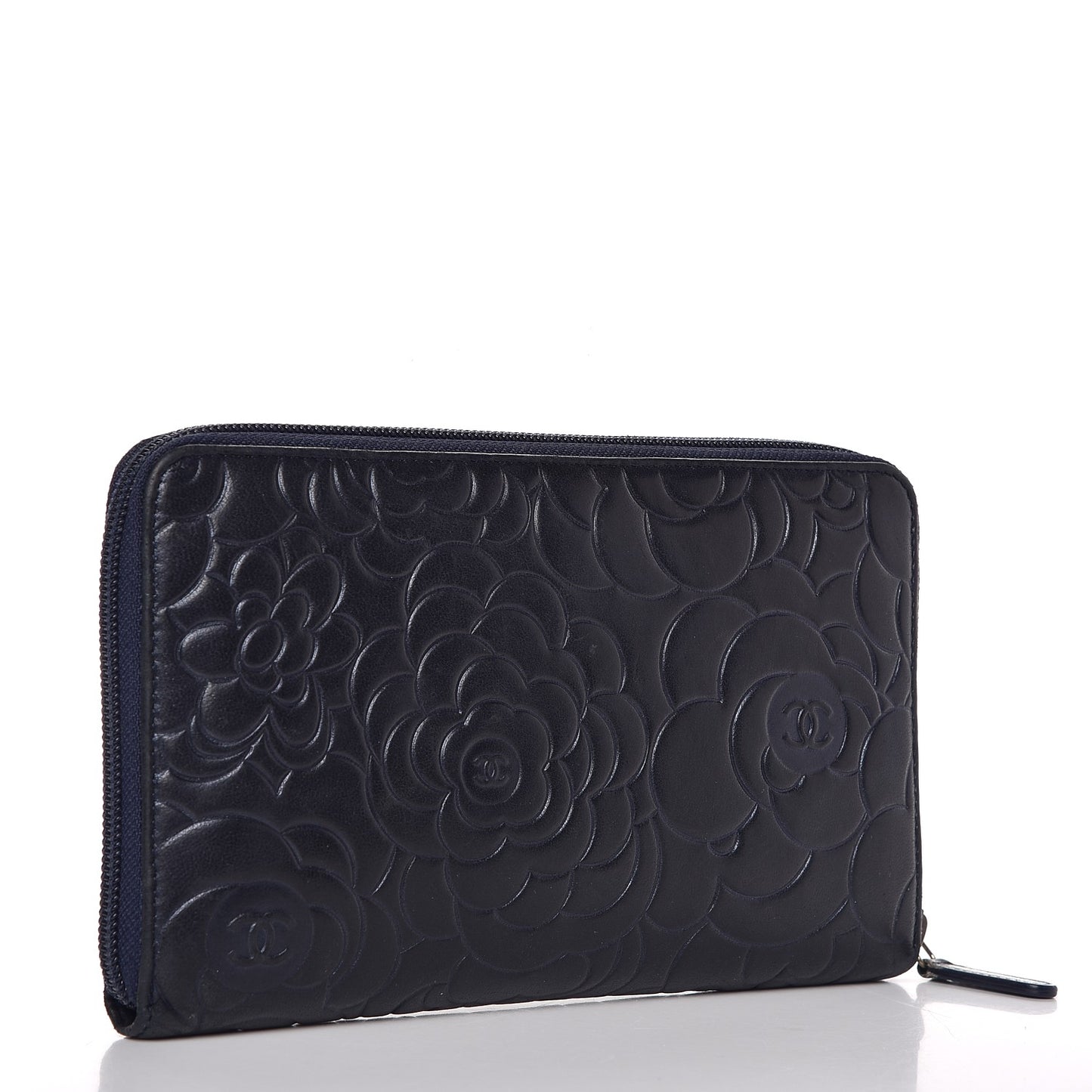 Lambskin Camellia Embossed Zip Around Organizer Wallet Navy