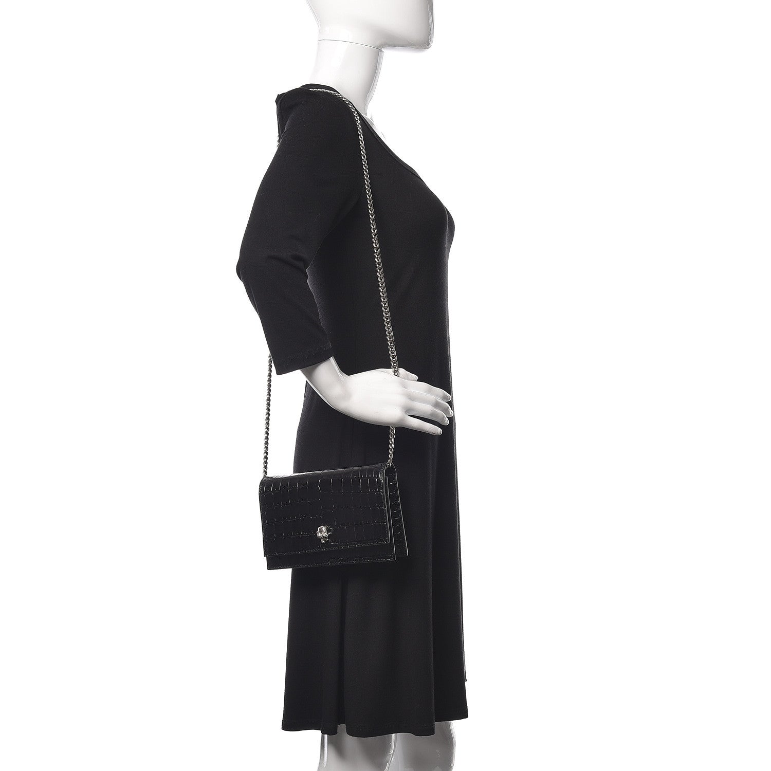 Alexander McQueen Calfskin Crocodile Embossed Skull Mini Crossbody Bag Black 2 of 9