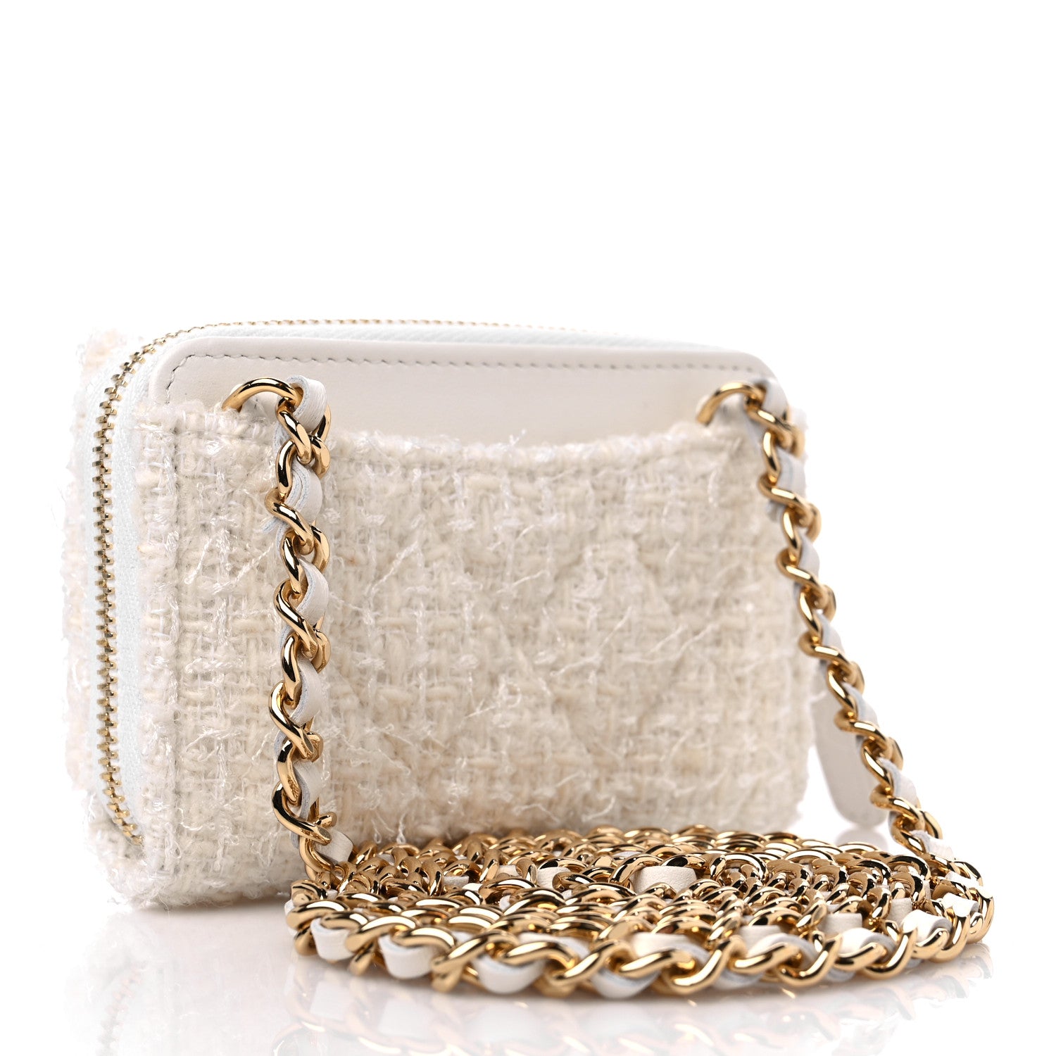 Chanel Tweed Quilted Bow Flap Card Holder On Chain White 3 of 11