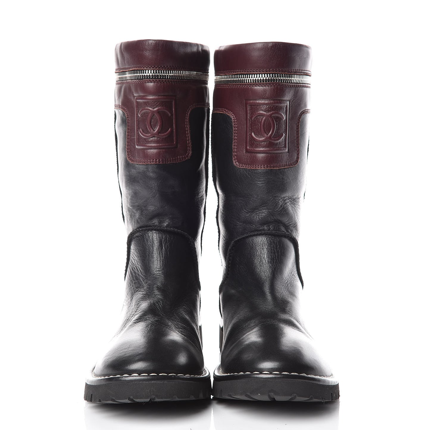 Calfskin Motorcycle Zipper Boots 38 Black Burgundy