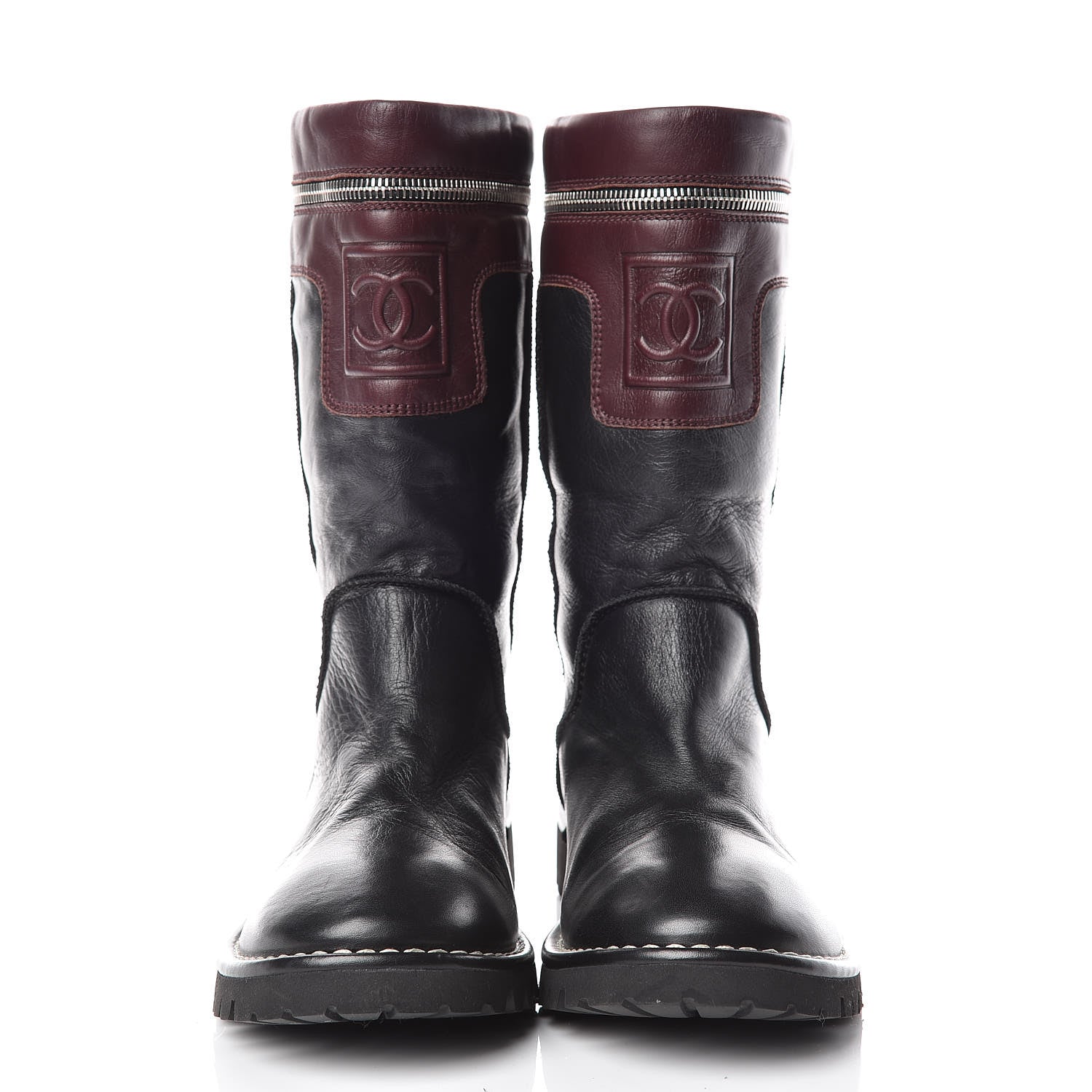 Chanel Calfskin Motorcycle Zipper Boots 38 Black Burgundy 2 of 12