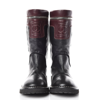 Chanel Calfskin Motorcycle Zipper Boots 38 Black Burgundy 2 of 12