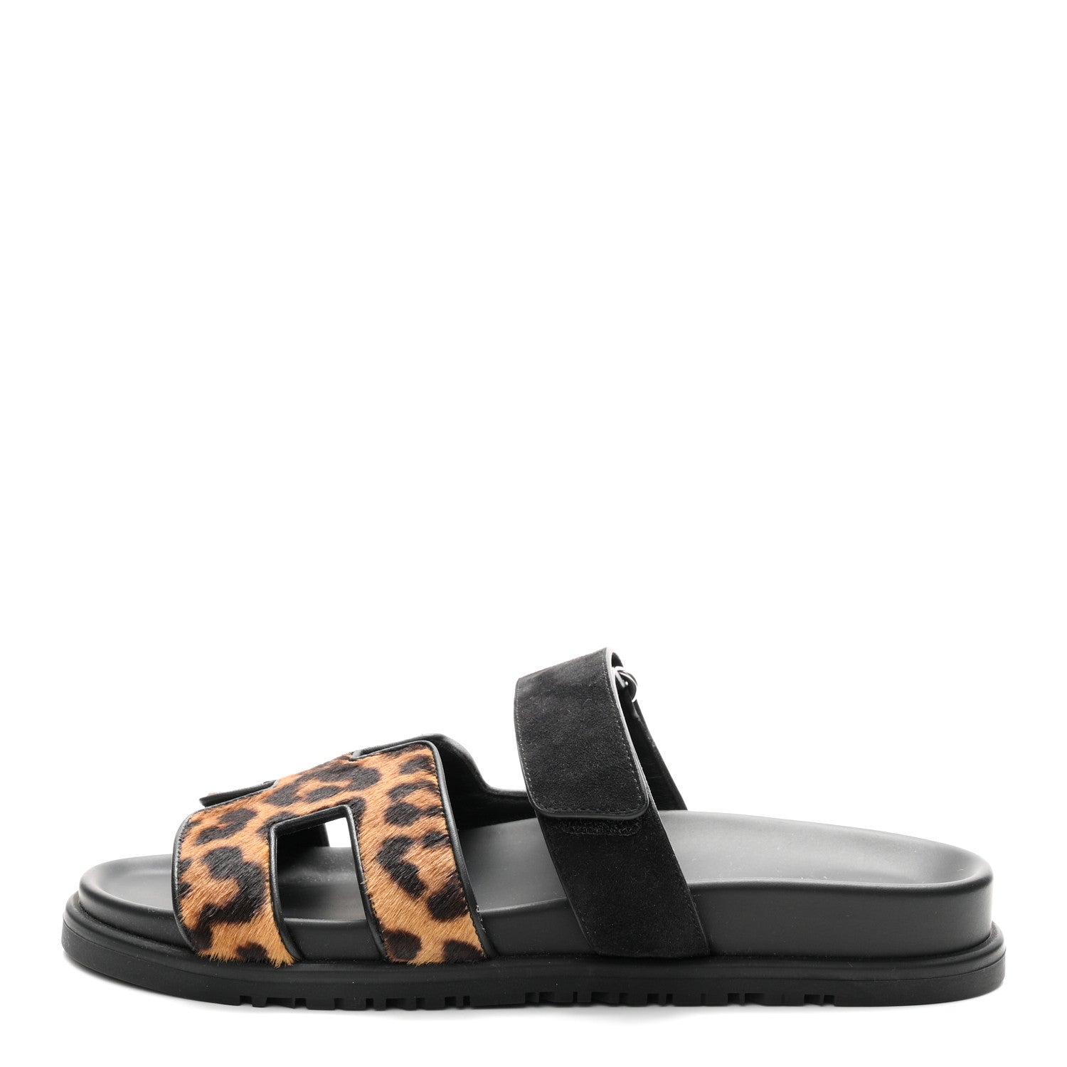 Hermes Moire Calfskin Suede Goatskin Womens Leopard Chypre Sandals 38 Gold Black 1 of 9