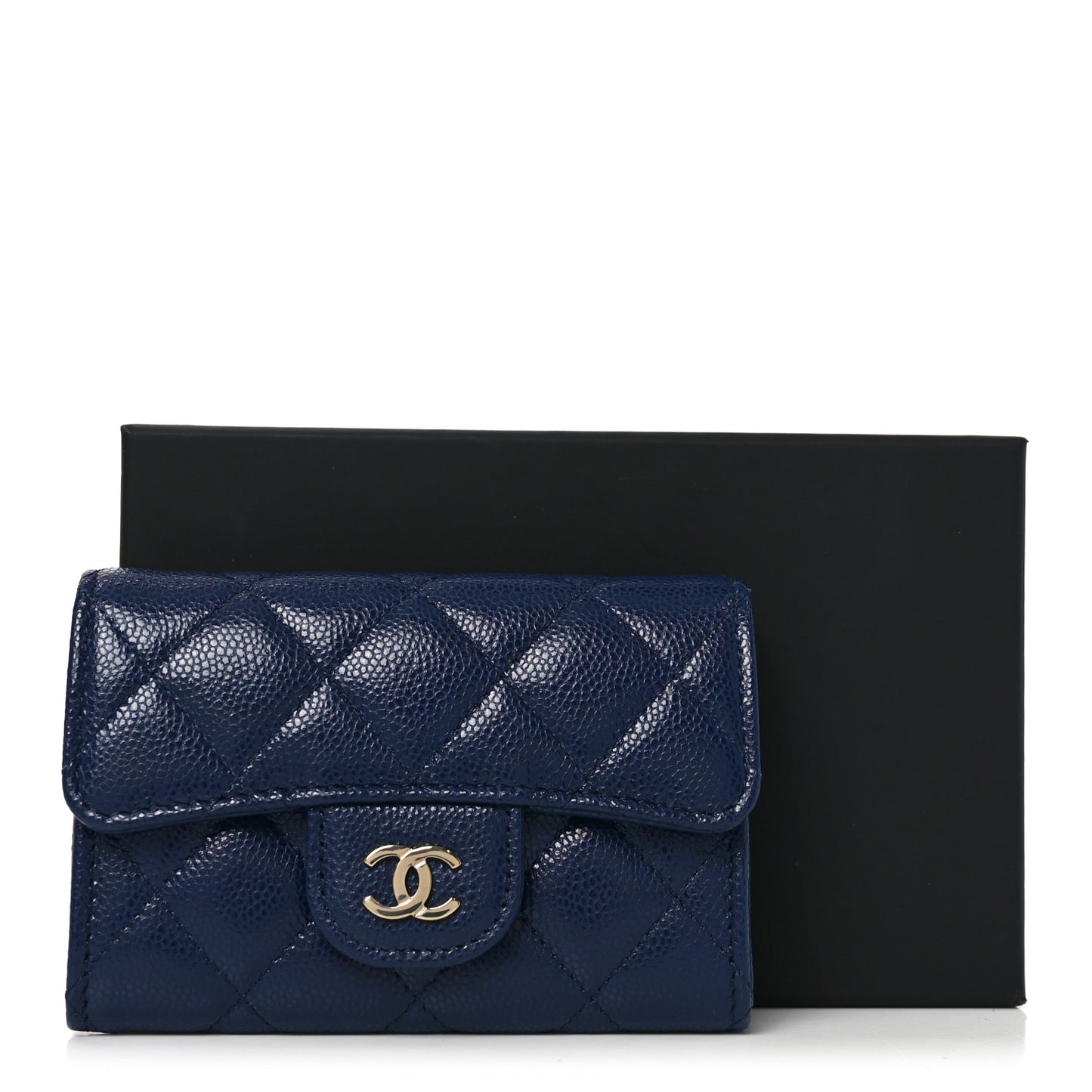 Caviar Quilted Flap Card Holder Wallet Navy Blue