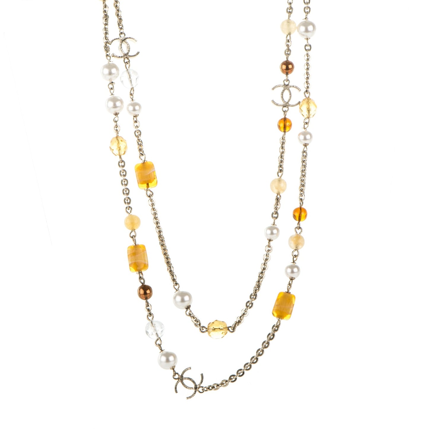 Pearl Beaded CC Long Necklace Yellow Gold