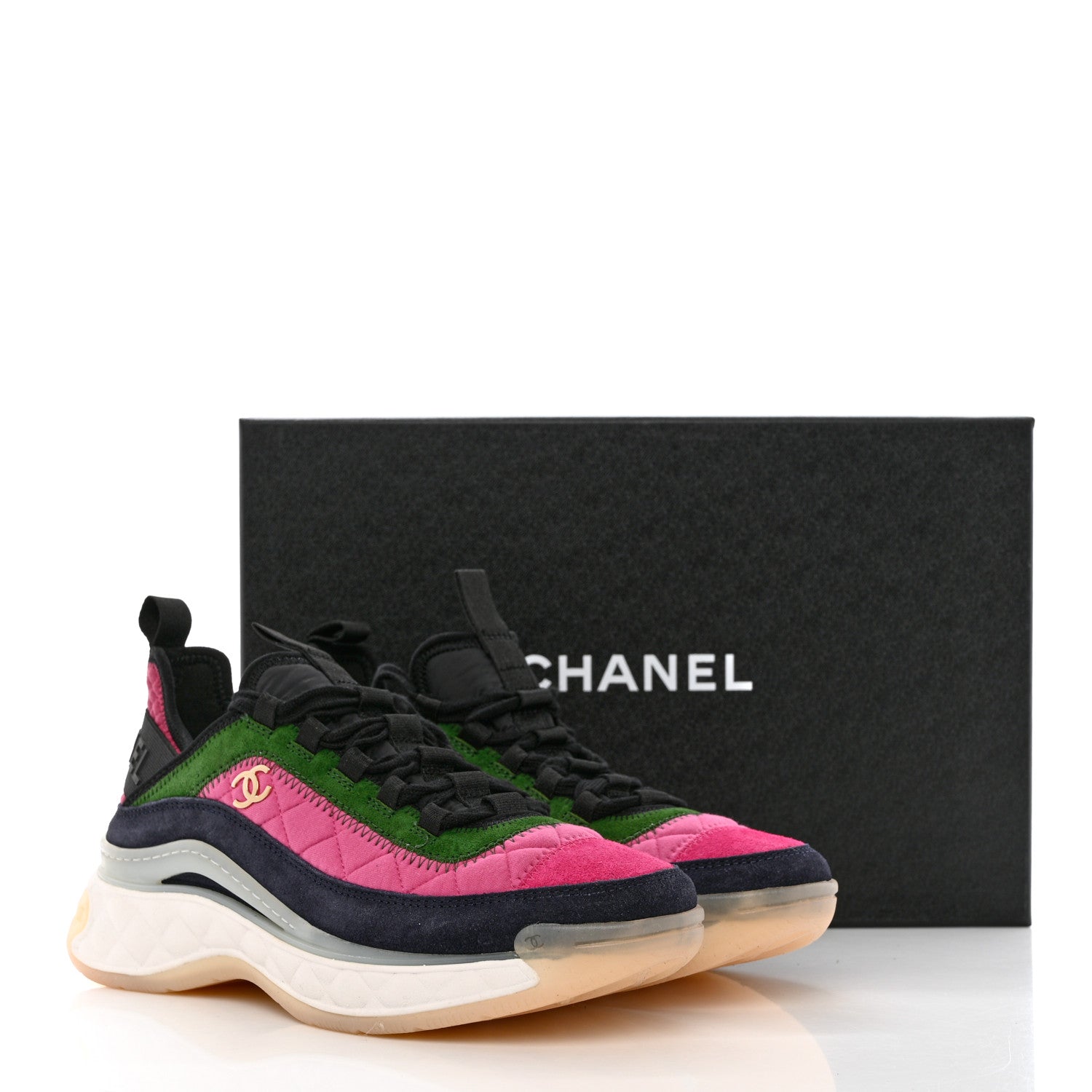 Chanel Velvet Calfskin Mixed Fibers CC Sneakers 38 Dark Pink Green 9 of 9
