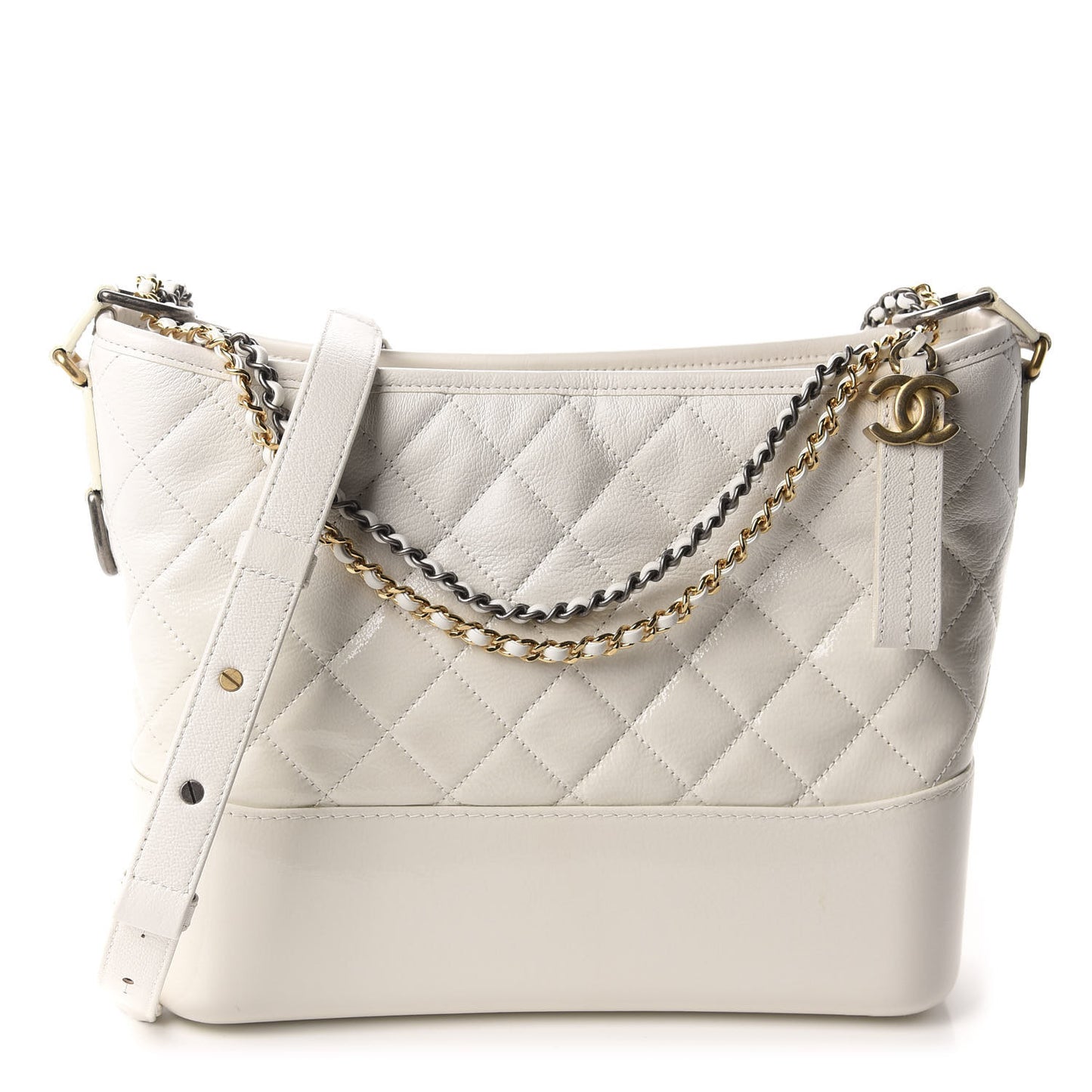 Patent Goatskin Quilted Medium Gabrielle Hobo White
