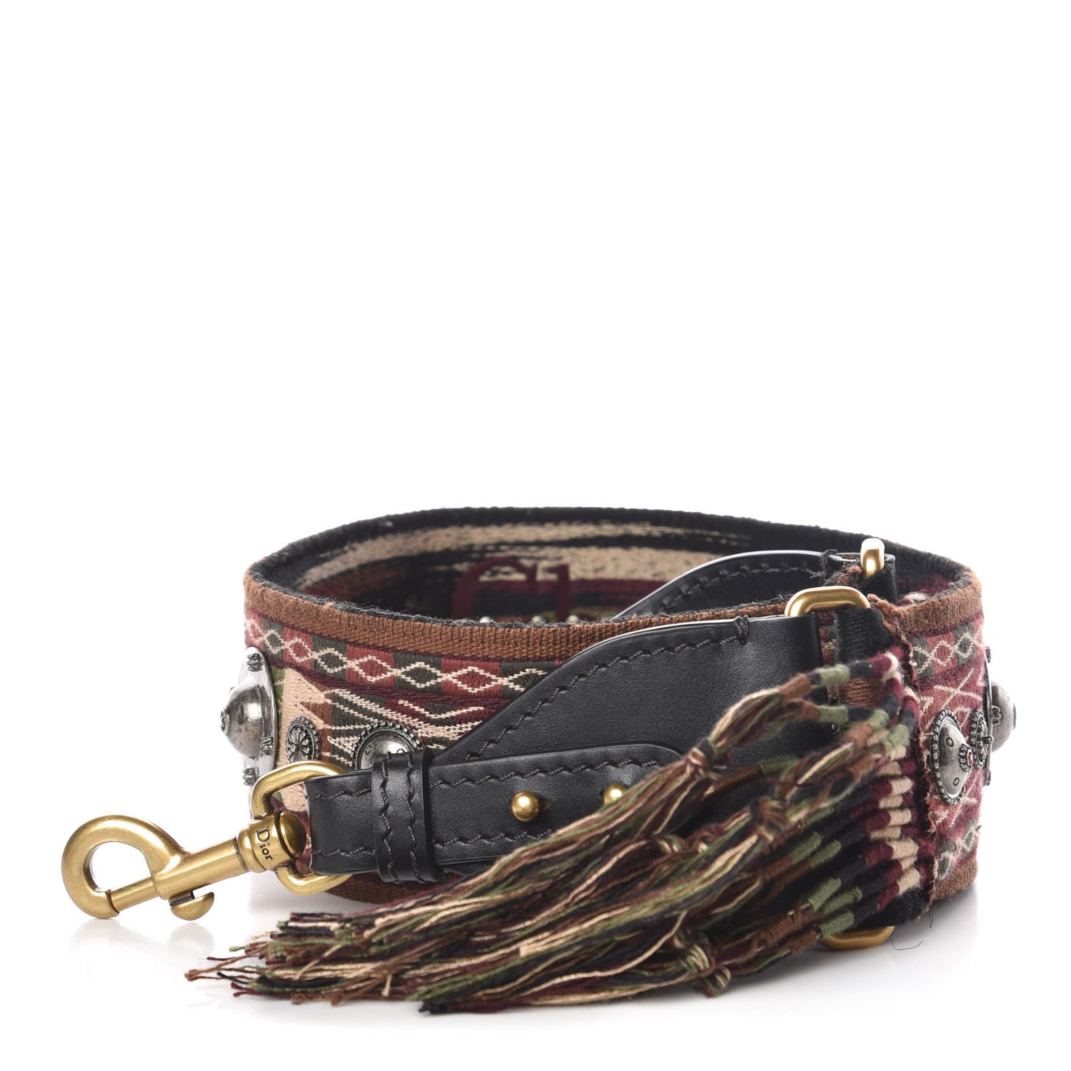 Christian Dior Canvas Embroidered Studded Bohemian Fringe Shoulder Strap Black Multicolor 1 of 5