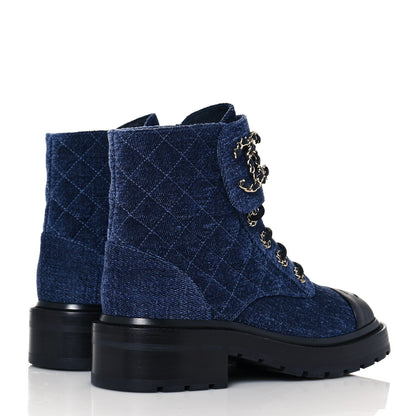 Chanel Shiny Calfskin Velvet Quilted Lace Up Combat Boots 36 Blue Black 4 of 9