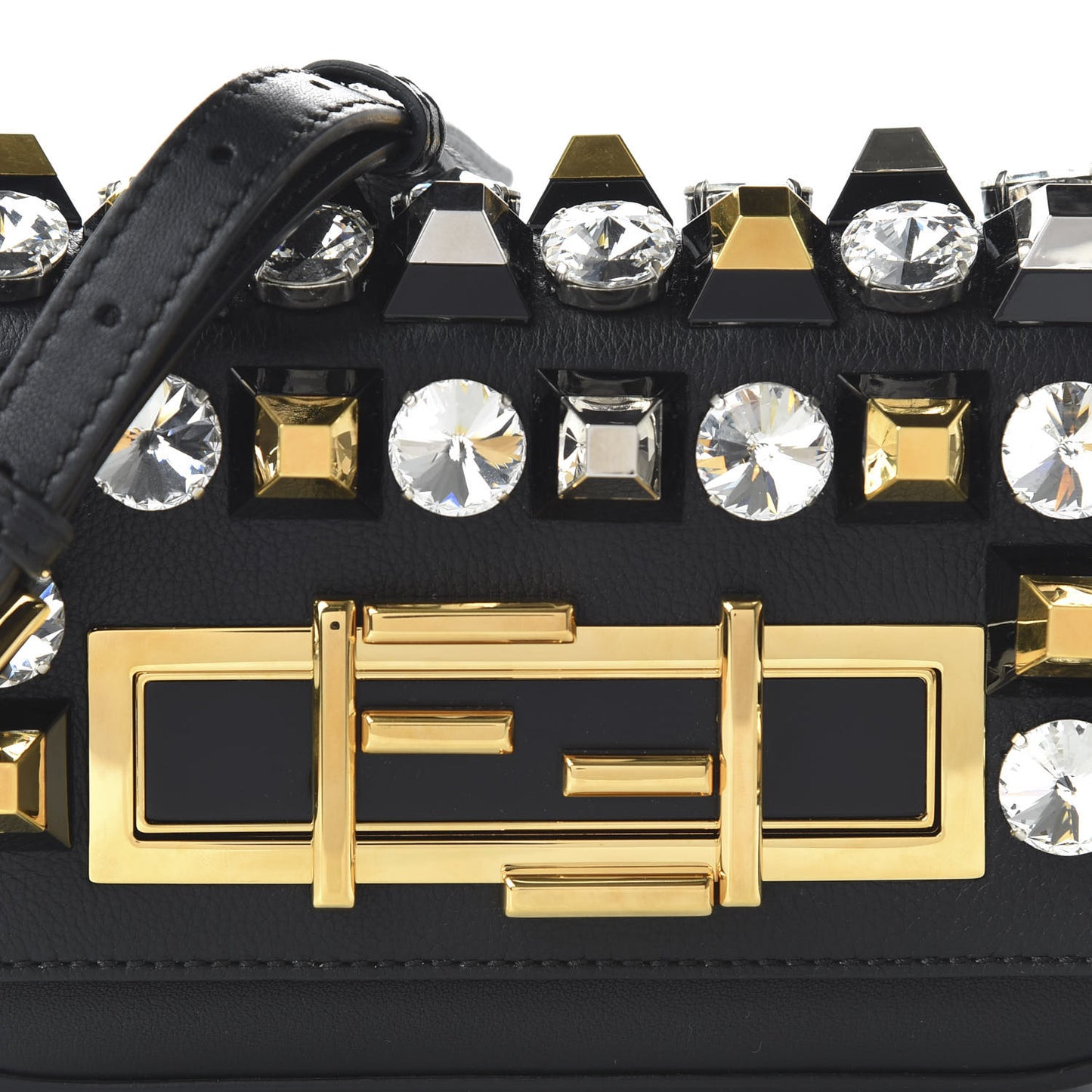 Vitello Dolce Crystal Studded Mini 3Baguette Shoulder Bag Black Gold