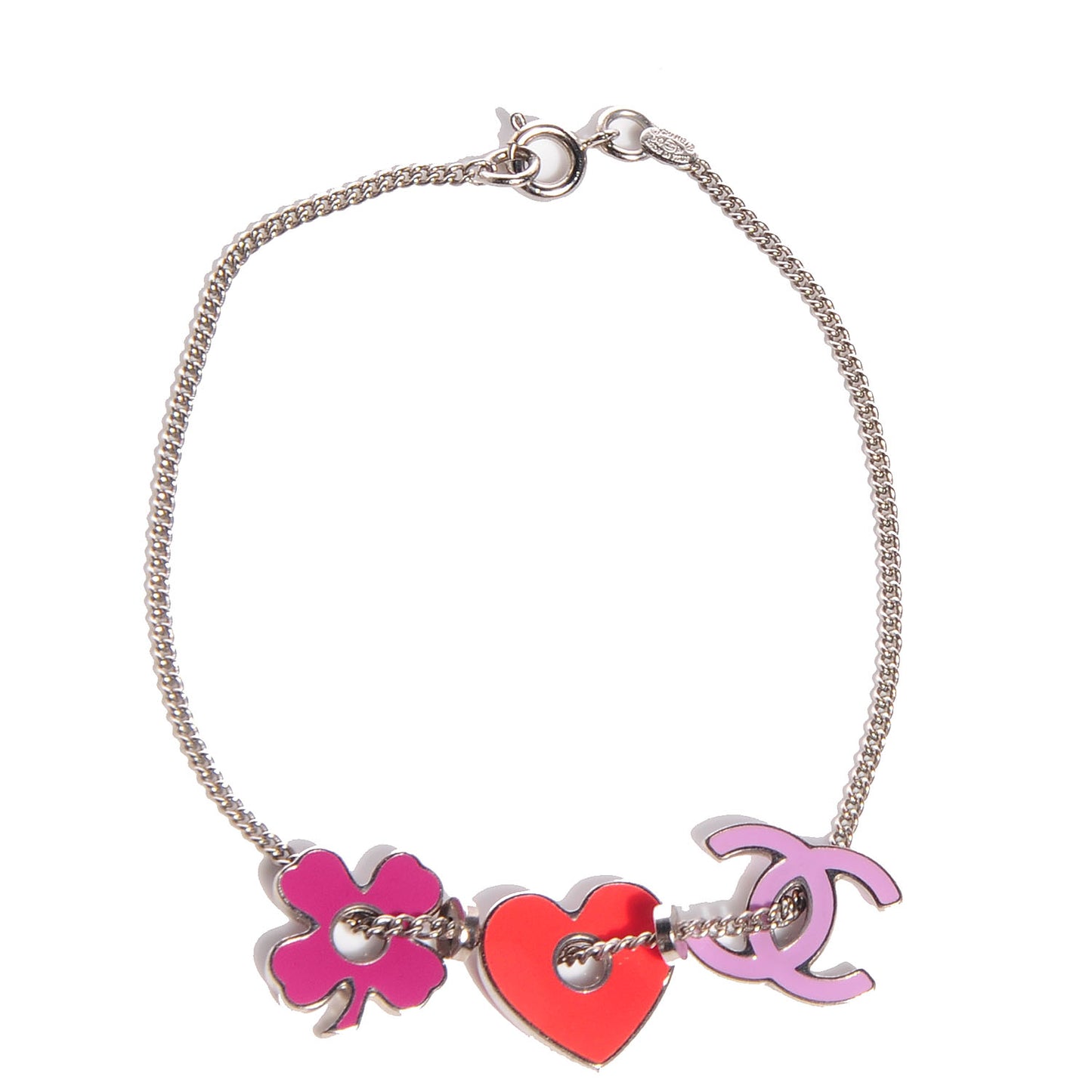 Enamel Heart CC Clover Charm Bracelet Silver