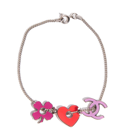 Chanel Enamel Heart CC Clover Charm Bracelet Silver 1 of 18